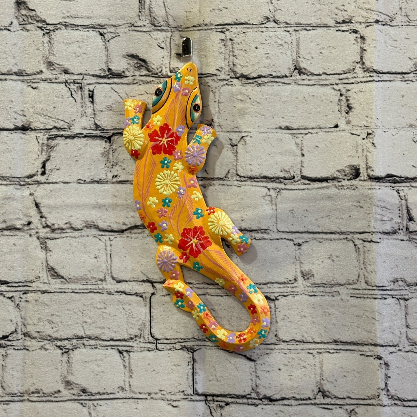 30cm Gecko Lizard Orange Flower Wood Wall Hanging Wooden Ornaments Carving