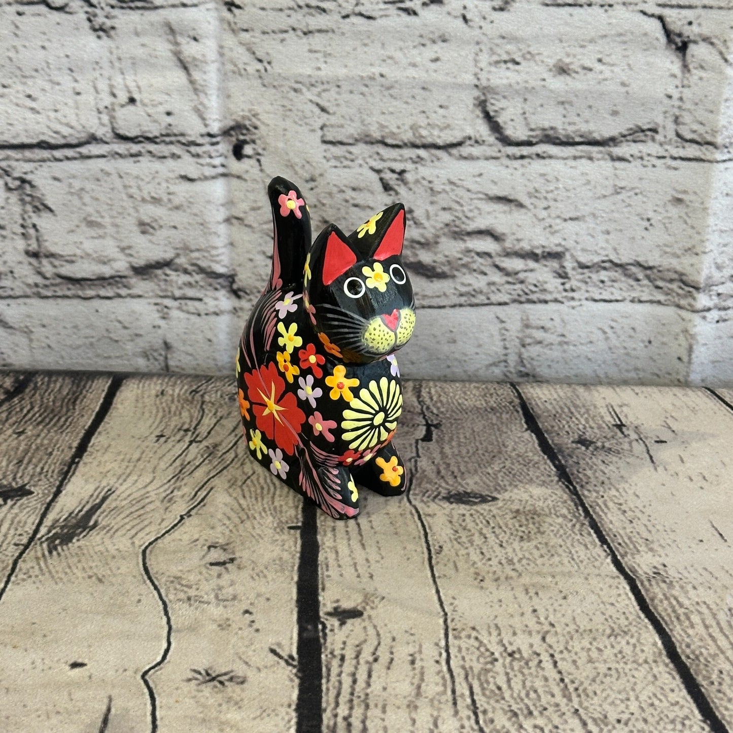 Black Small Wooden Cat With Flower Pattern 12cm x 6cm Handmade and Fairtrade