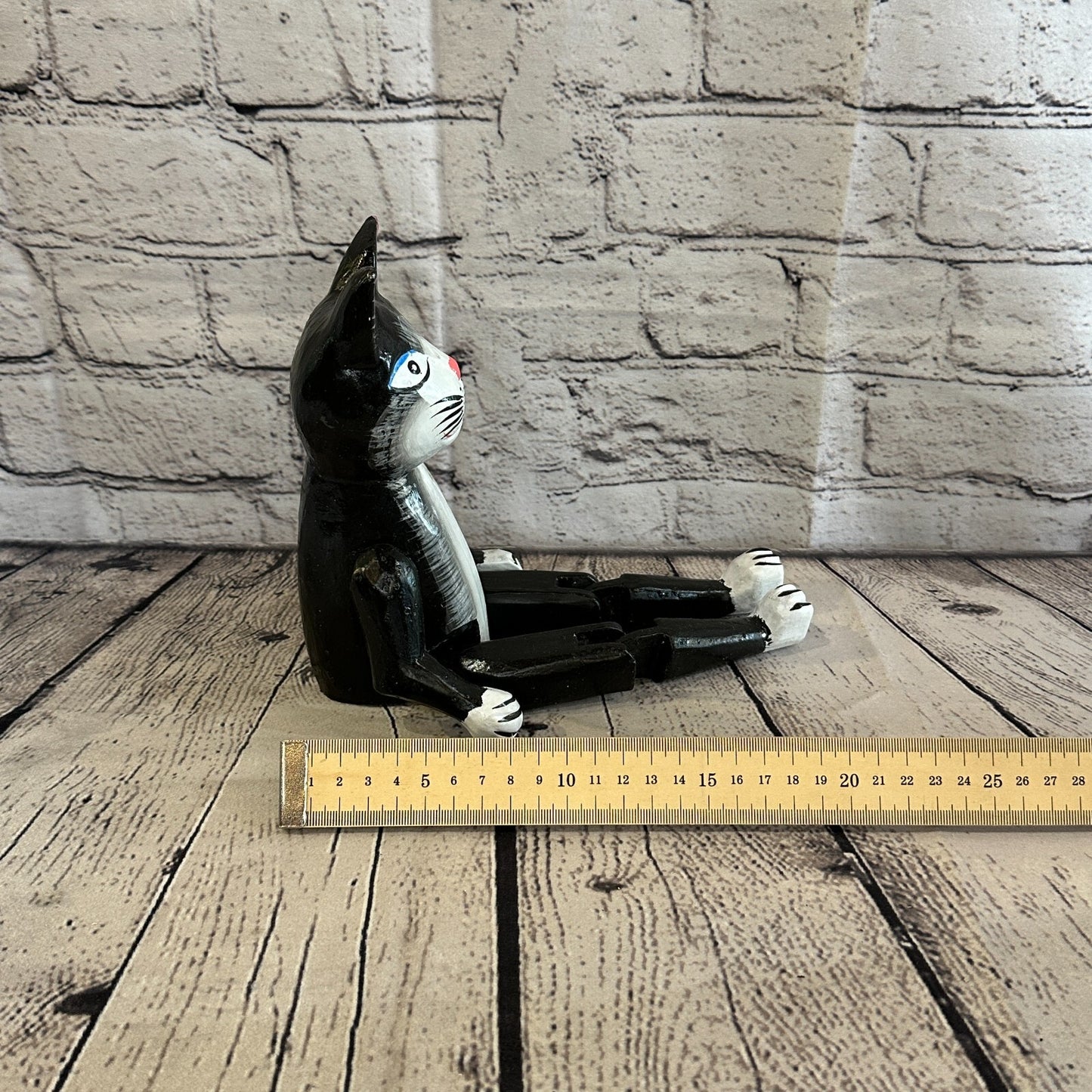 20cm Black Cat Sitting Animal, Wooden Shelf Ornament Handmade & Fairtrade
