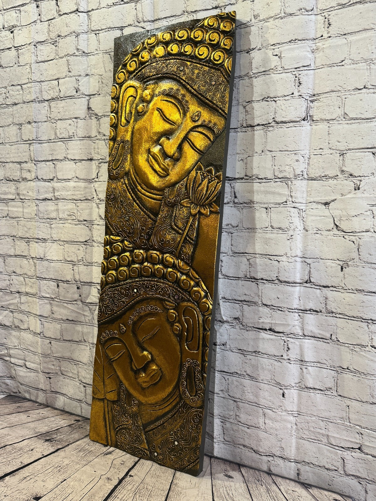 100cm x 30cm Tall Buddha 2 Faces Gold Wooden Wood Panel Wall Art Plaque