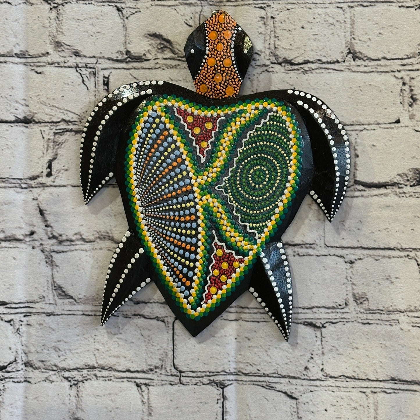 30cm Turtle Carved Wooden Dot Painted Ethnic Tribal Tiki Wall Art Handmade No 4