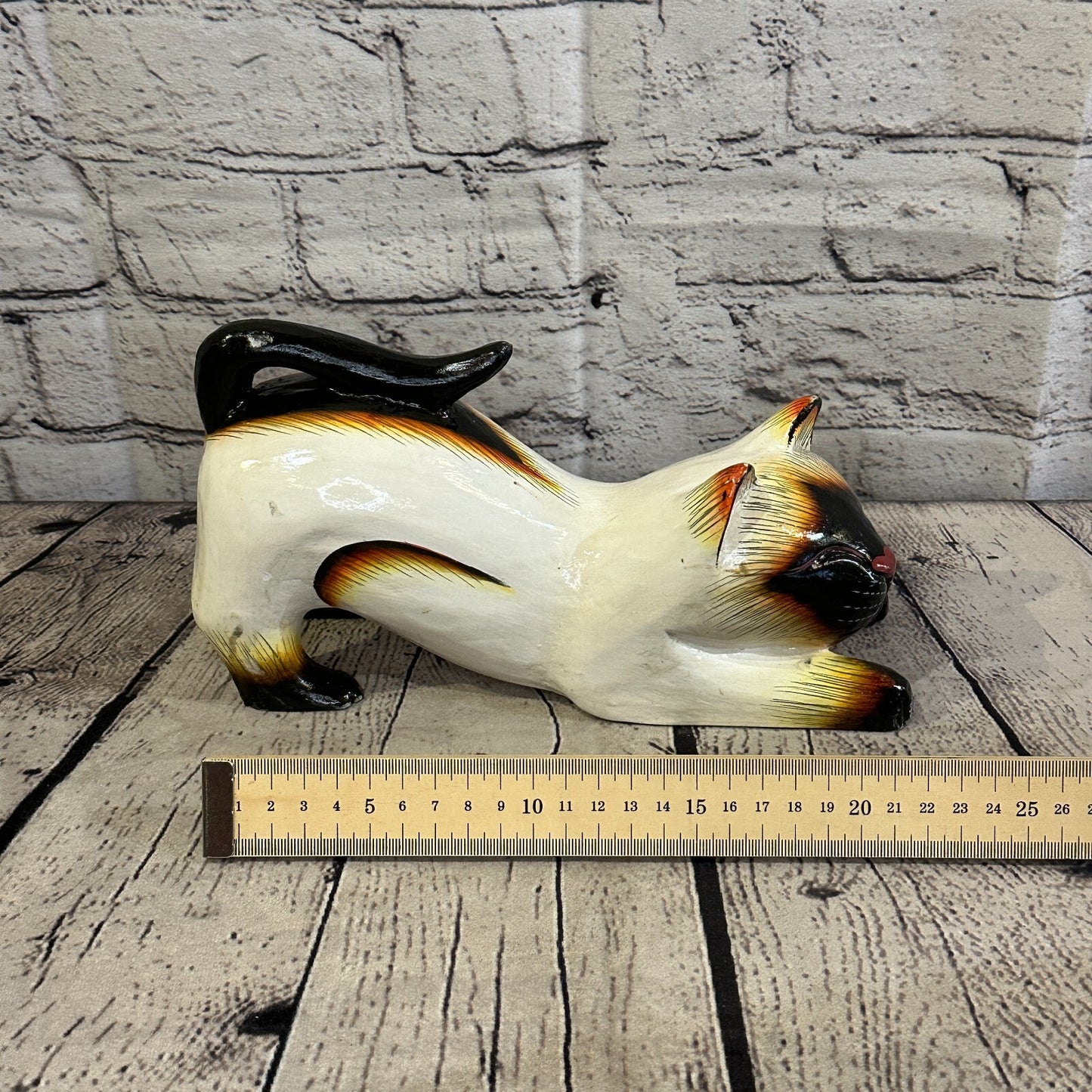 22cm x 14cm Siamese Style Painted Wooden Hand Carved Stretching Cat Wooden