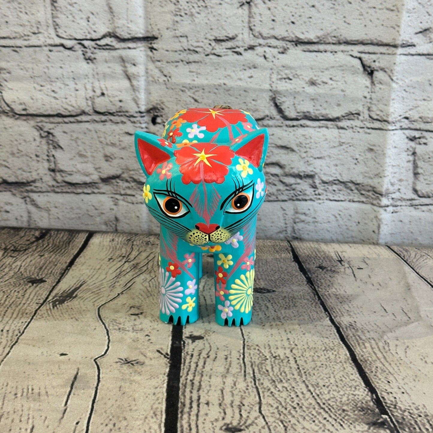 Blue Large Wooden Cat With Flower Pattern 15cm x 10cm Handmade and Fairtrade