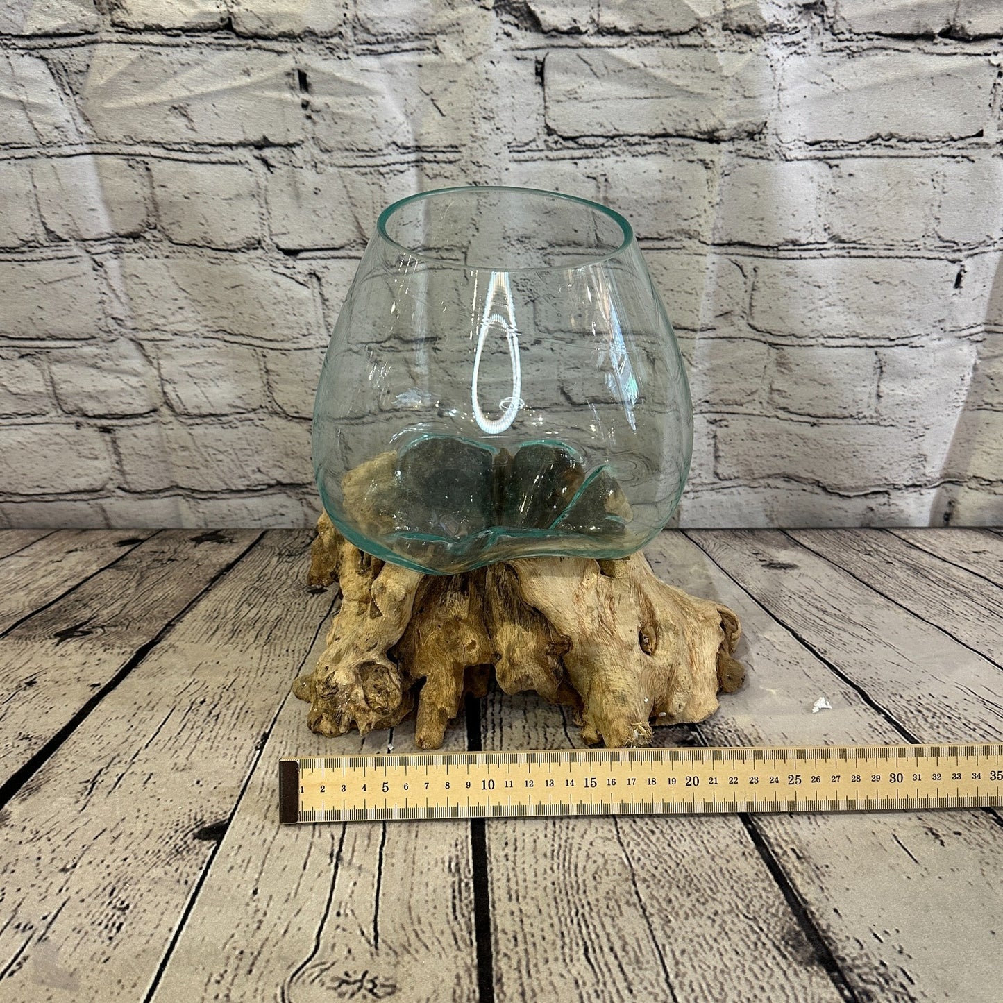 25cm x 25cm Molten Glass Round Bowl Natural Root Wood Base Stand Decor Ornament