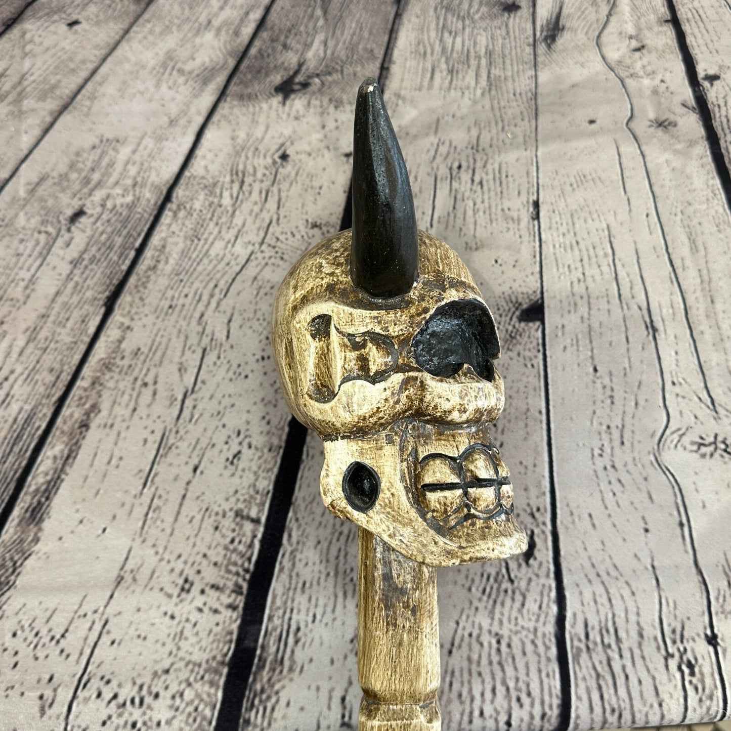 Skull Head With Horns 100cm Tribal Walking Stick Cane Hand Carved Light Wood