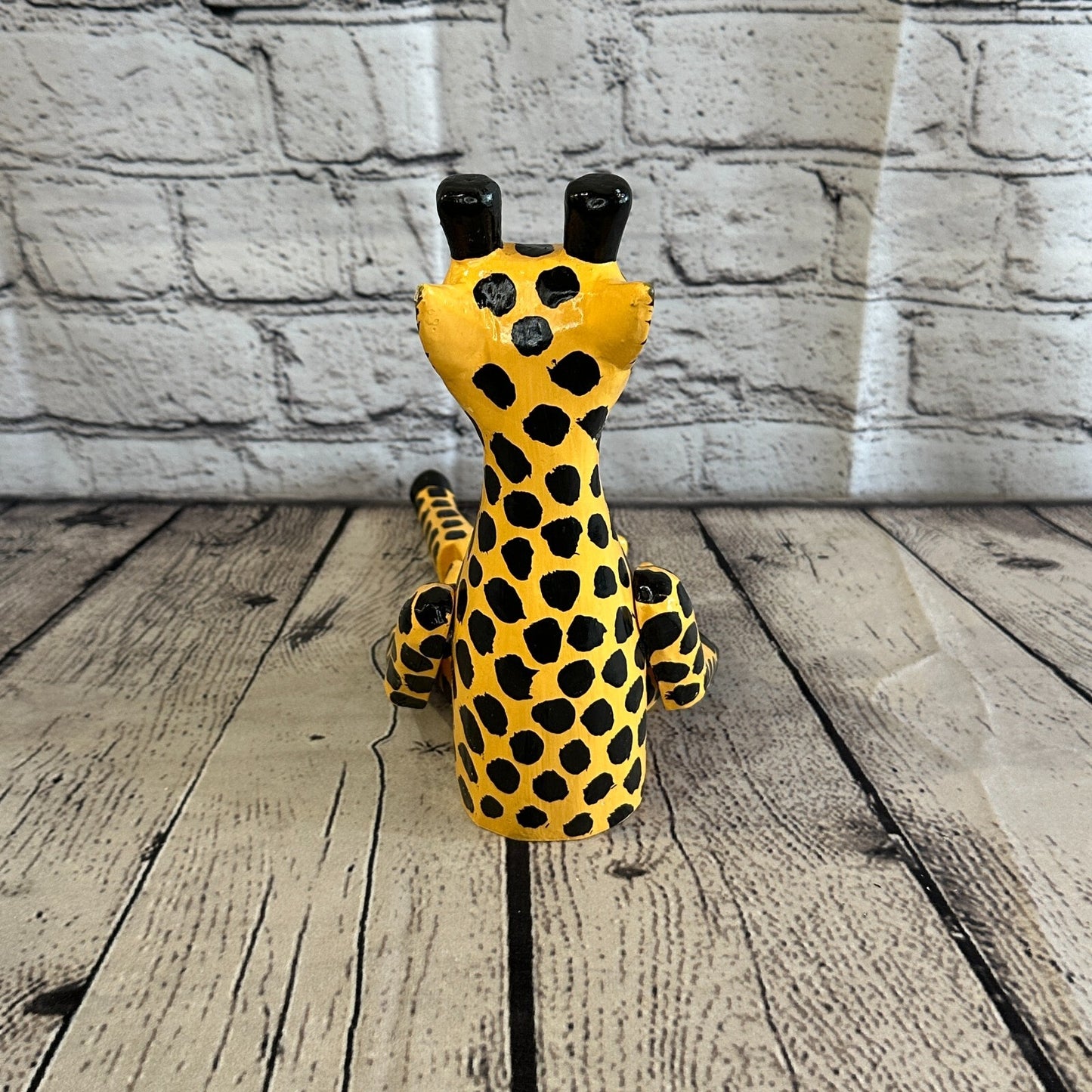 20cm Orange Giraffe Sitting Animal, Wooden Shelf Ornament Handmade & Fairtrade