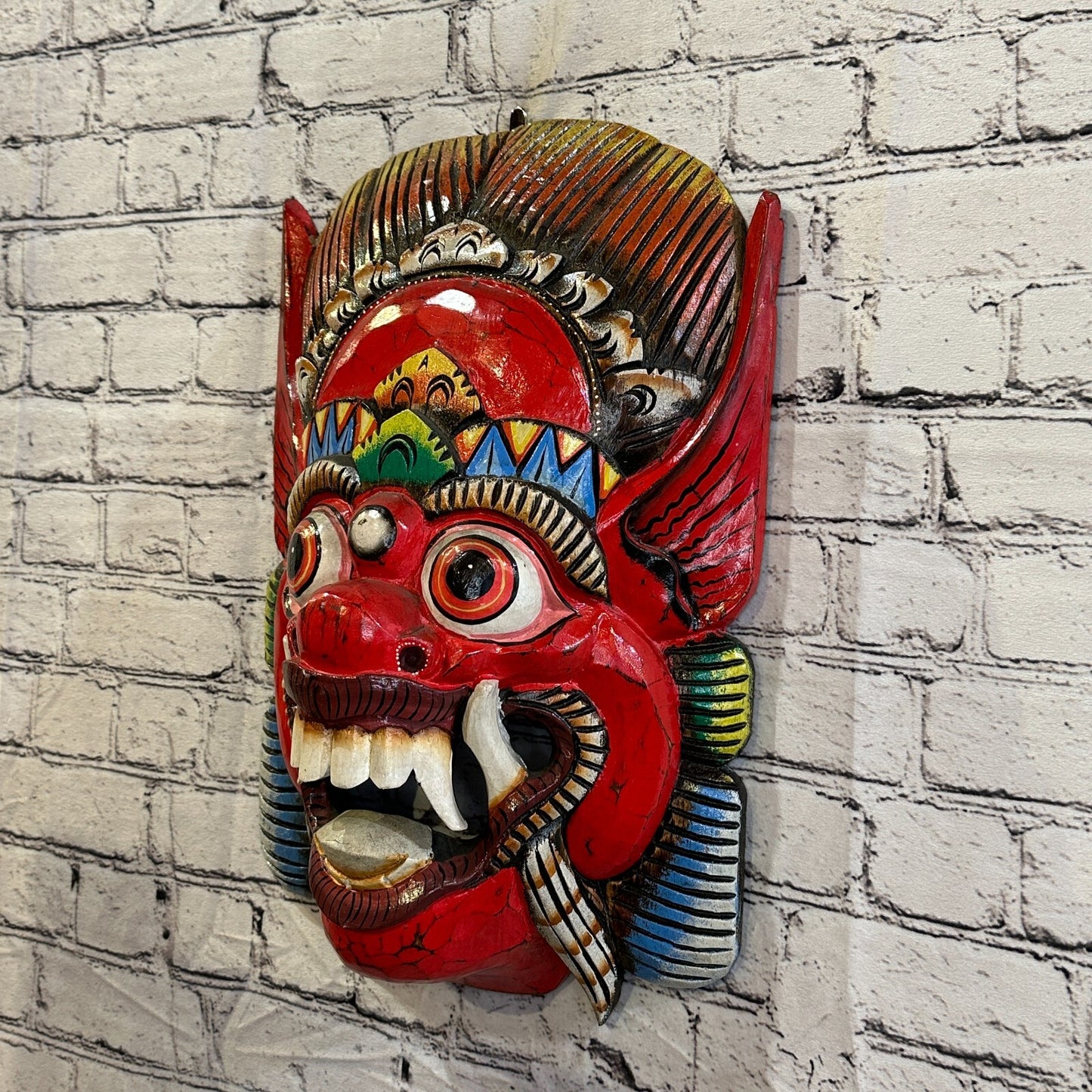 Large Wooden Red Barong Wall Mask 50cm x 30cm Handmade And Fairtrade