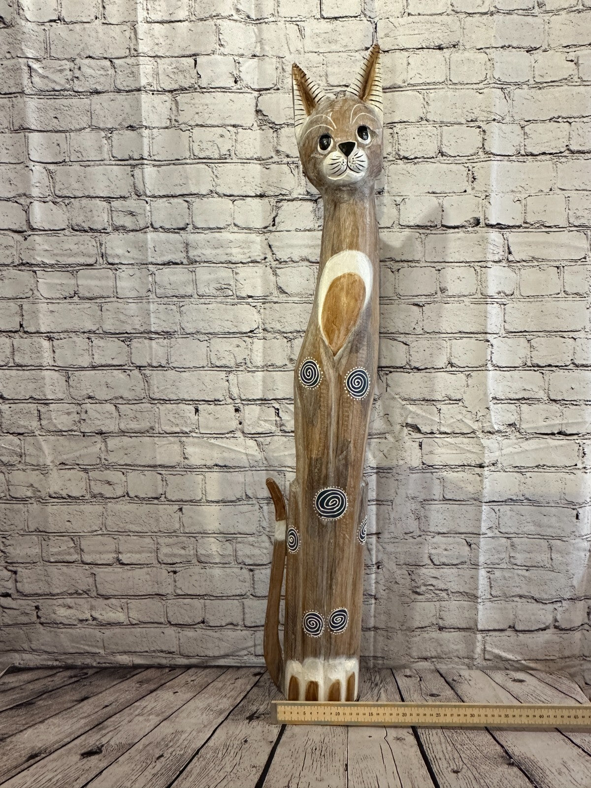 100cm Light Brown Flower Wooden Shabby Cat Statue Ornament Fair Trade Handcarved