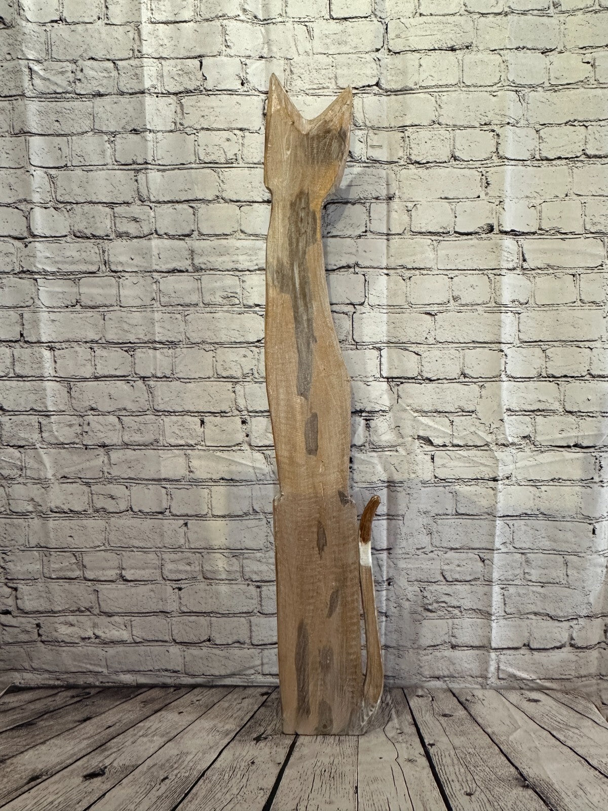 100cm Light Brown Flower Wooden Shabby Cat Statue Ornament Fair Trade Handcarved