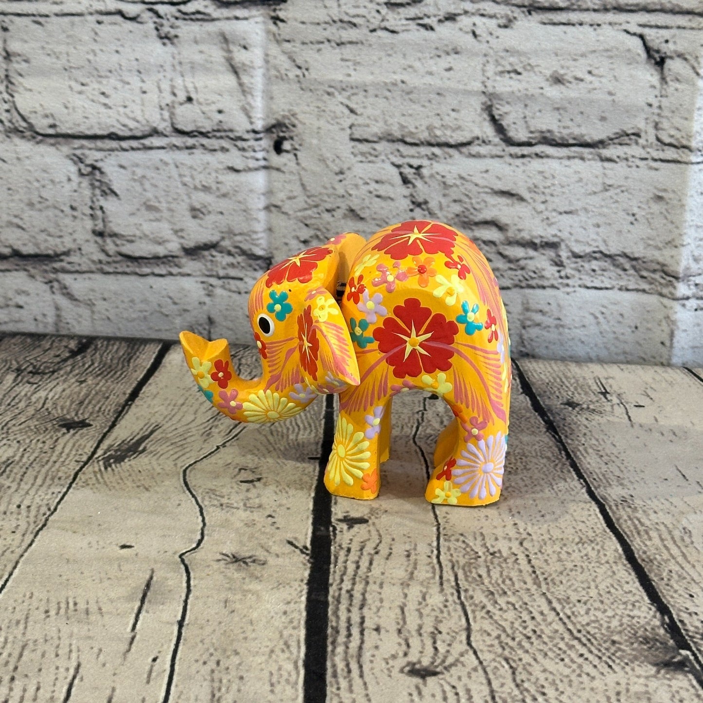 Orange Wooden Elephant With Flower Pattern 10cm x 12cm Handmade and Fairtrade