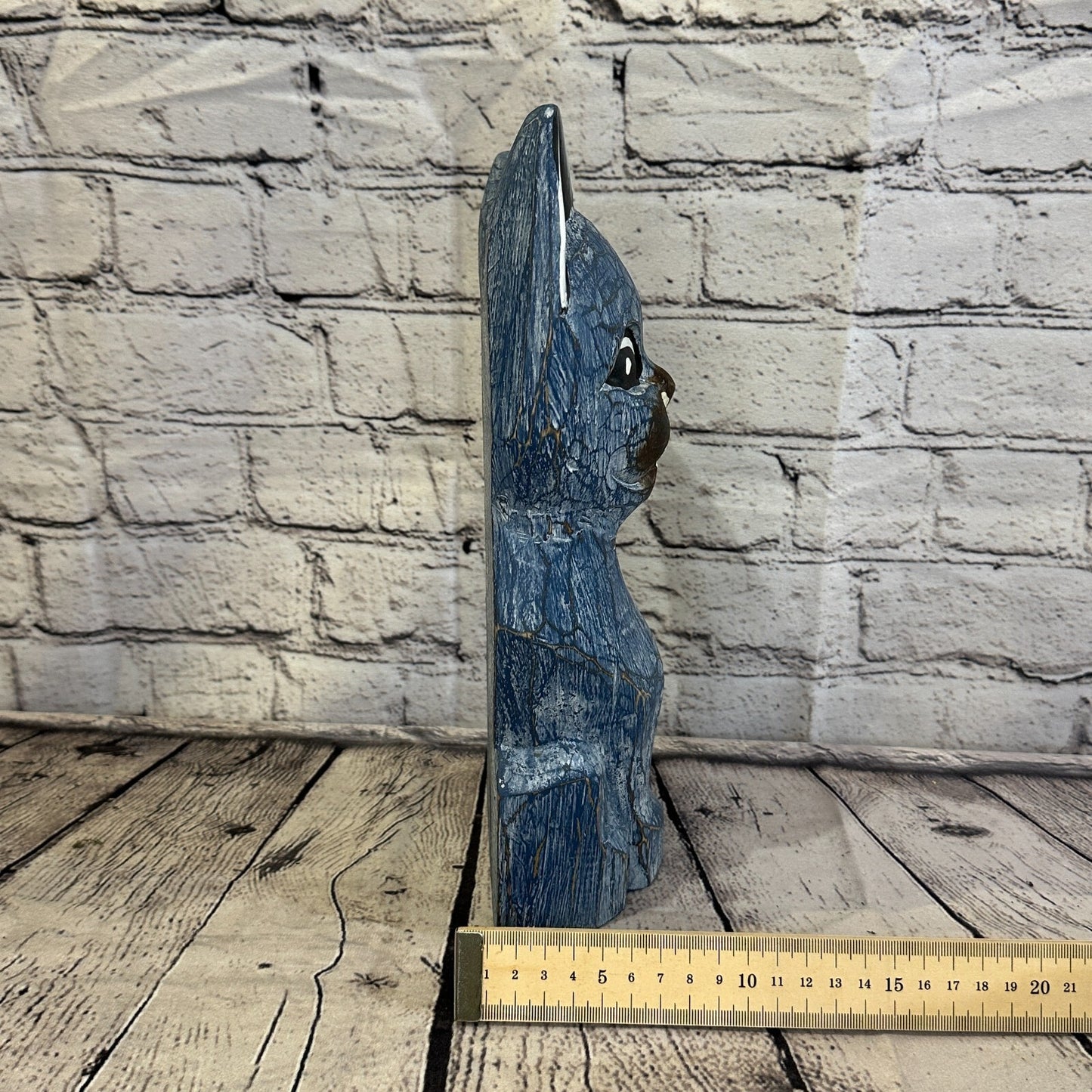 30cm x 12cm Blue Flower Wooden Shabby Cat Statue Ornament Fair Trade Handcarved