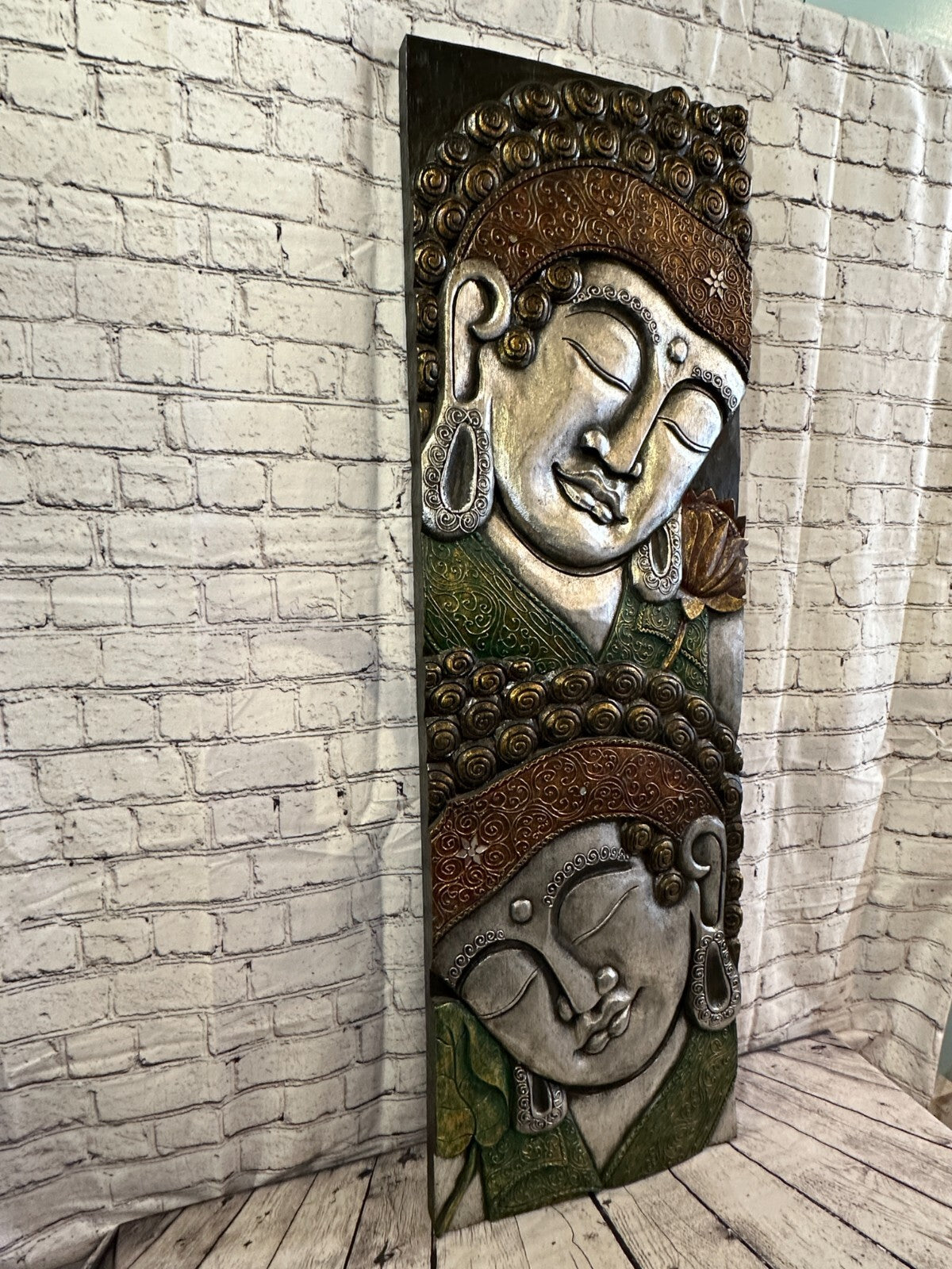 120cm x 40cm Tall Buddha 2 Faces Multi Colour Wooden Wood Panel Wall Art Plaque