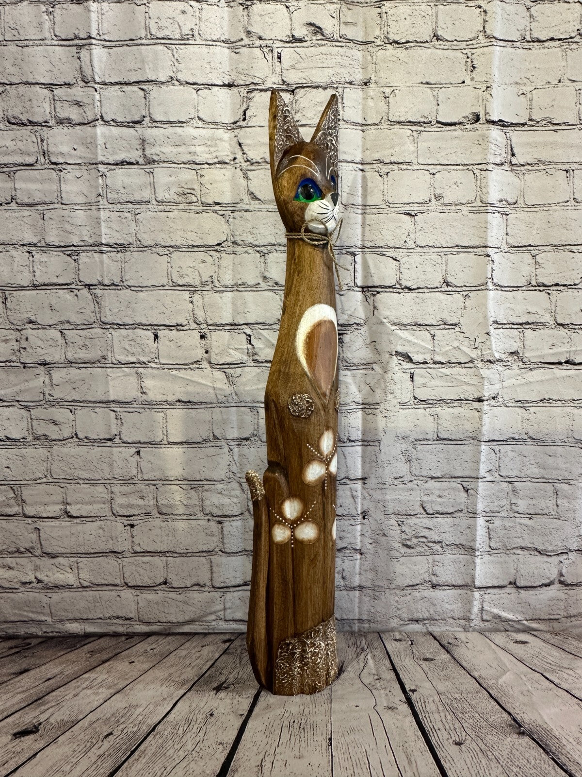 80cm Brown Swirl Flower Wooden Shabby Cat Statue Ornament Fair Trade Handcarved