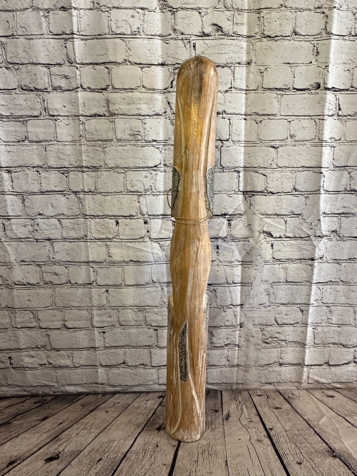 80cm Light Brown Flower Wooden Shabby Dog Statue Ornament Fair Trade Handcarved