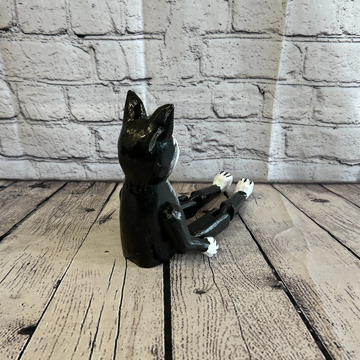 20cm Black Cat Sitting Animal, Wooden Shelf Ornament Handmade & Fairtrade