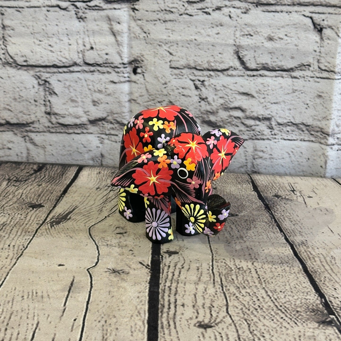 Black Wooden Elephant With Flower Pattern 10cm x 12cm Handmade and Fairtrade