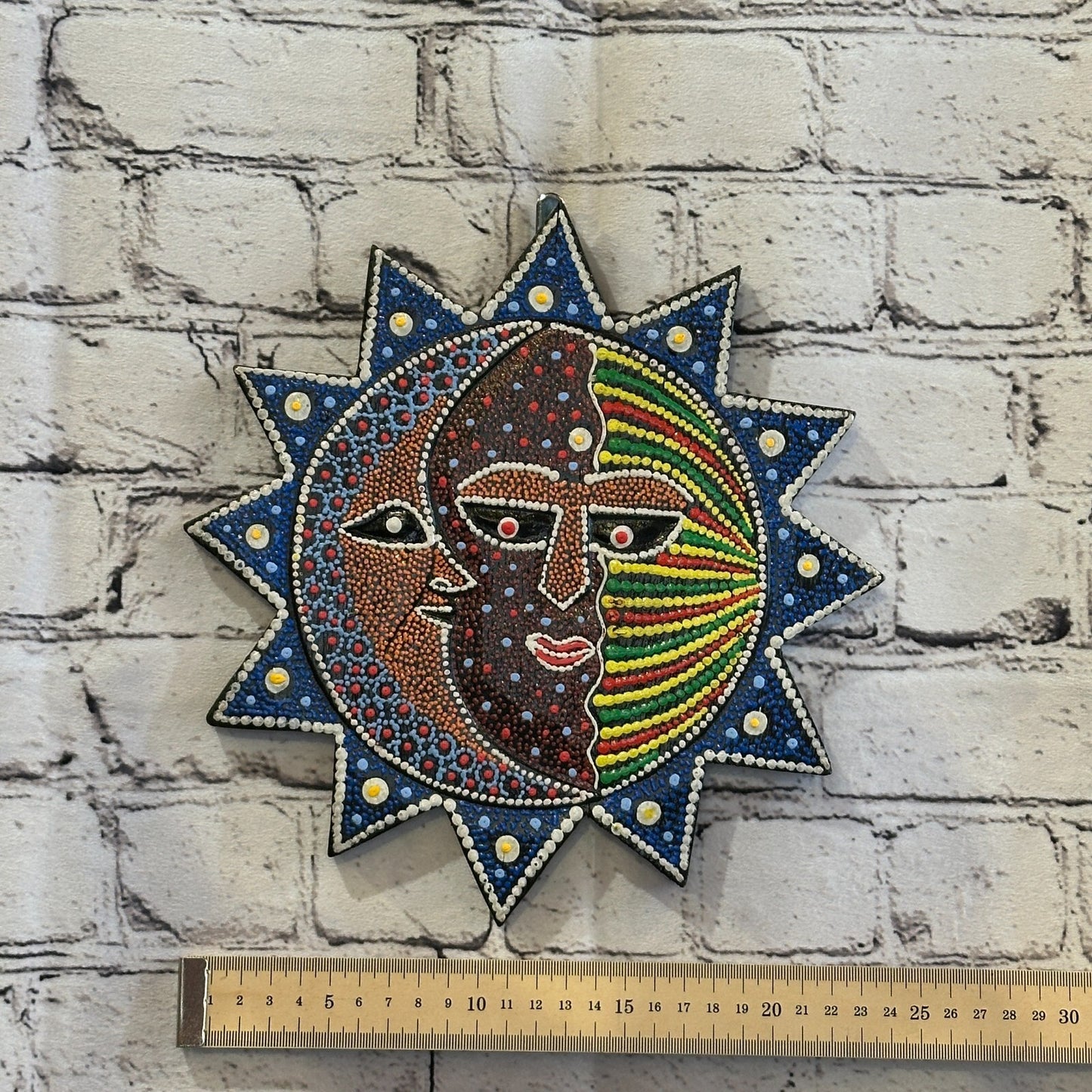 25cm Sun & Moon Carved Wooden Dot Painted Ethnic Tribal Tiki Wall Handmade No 2