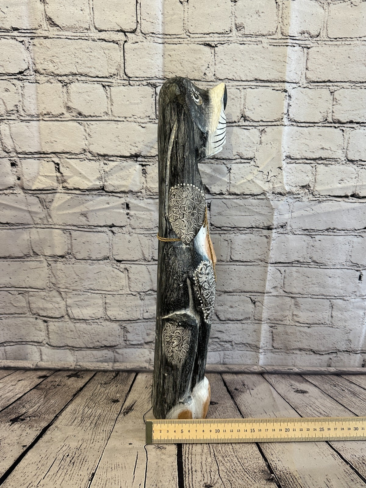 50cm Grey Flower Wooden Shabby Dog Statue Ornament Fair Trade Handcarved