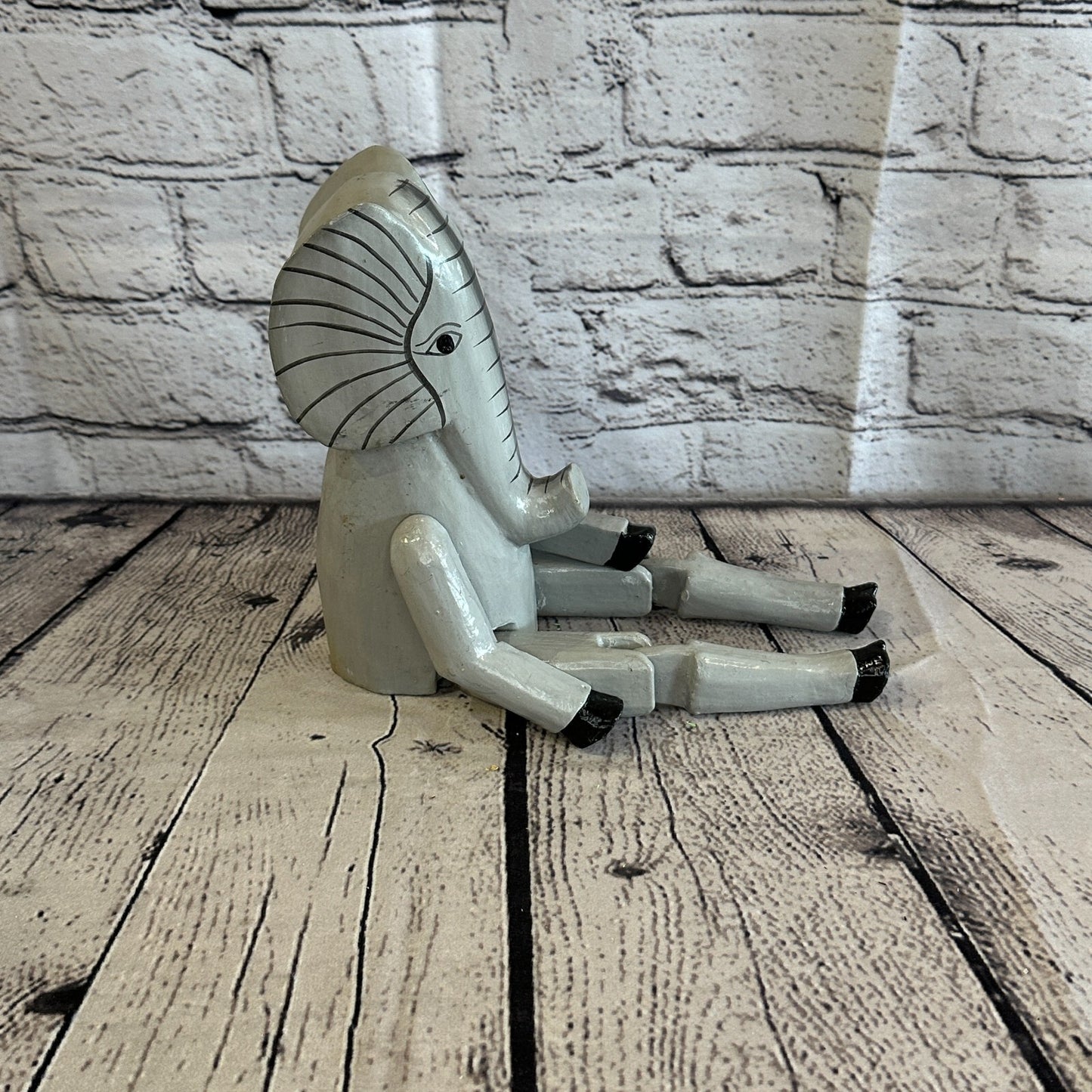 20cm Grey Elephant Sitting Animal, Wooden Shelf Ornament Handmade & Fairtrade