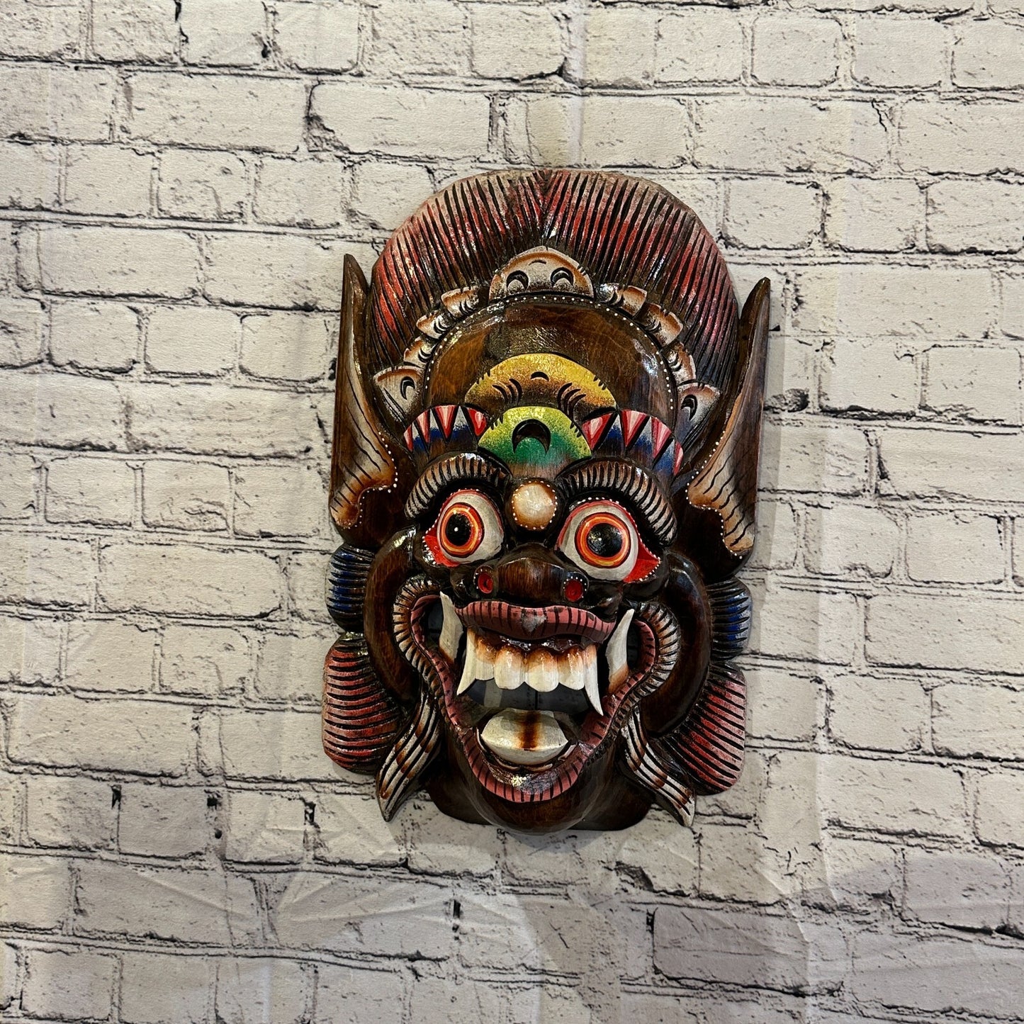 Large Wooden Brown Barong Wall Mask 50cm x 30cm Handmade And Fairtrade