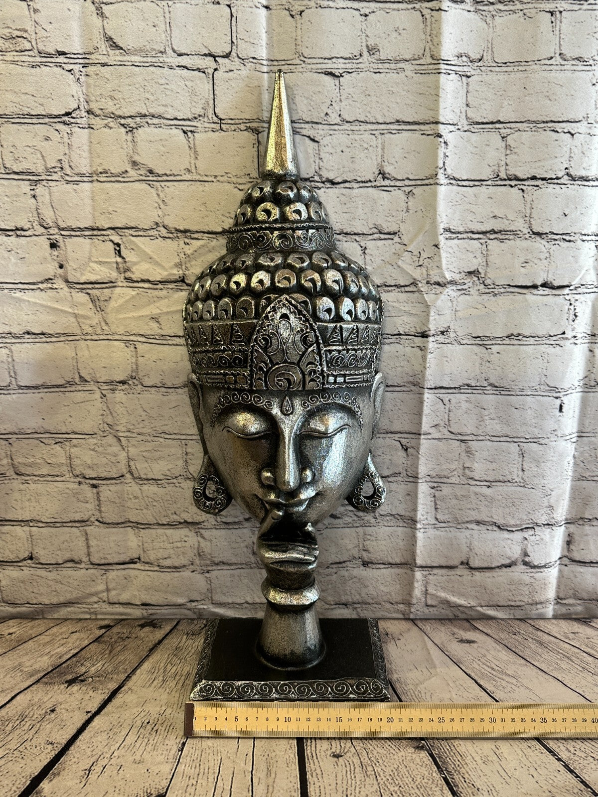 65cm Silver Buddha Head Wooden Standing Statue Figurine Ornament Fair Trade