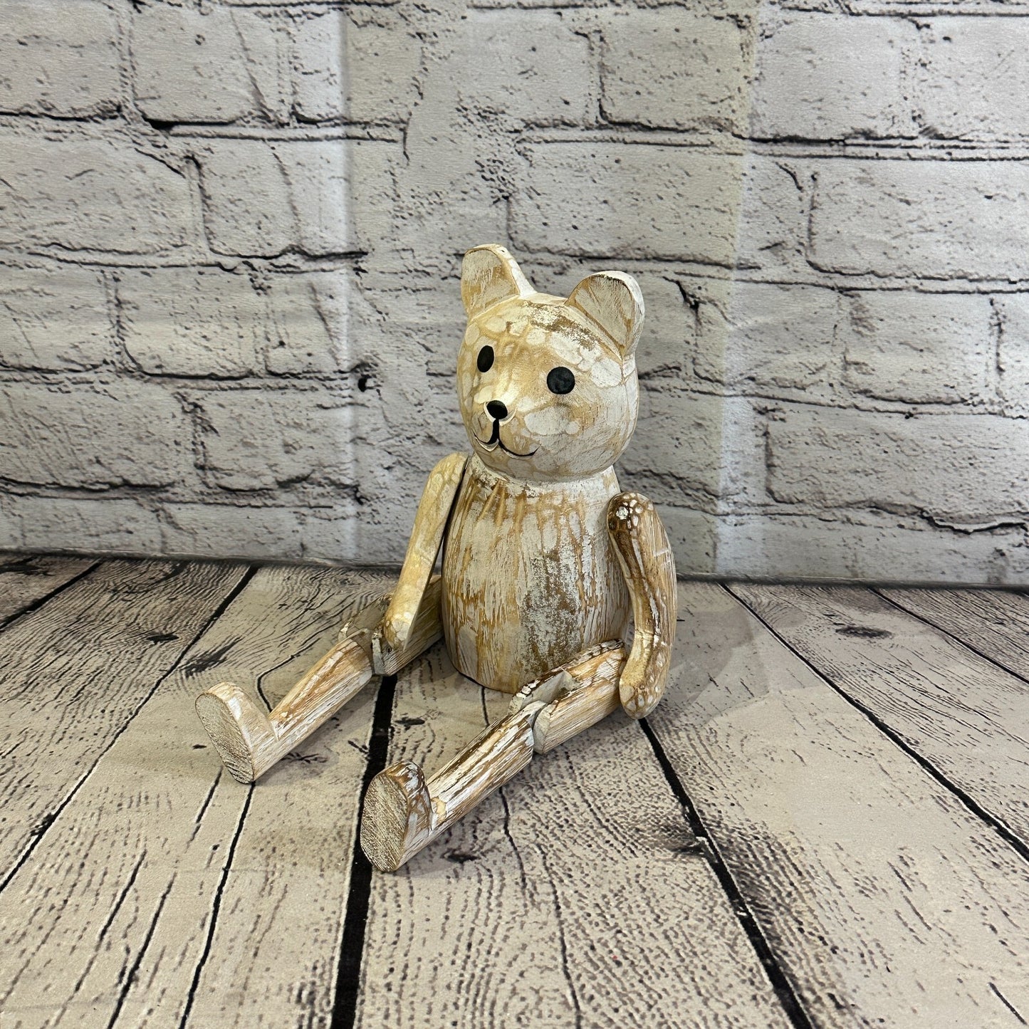 18cm Shabby White Teddy Sitting Animal Wooden Shelf Ornament Handmade Fairtrade