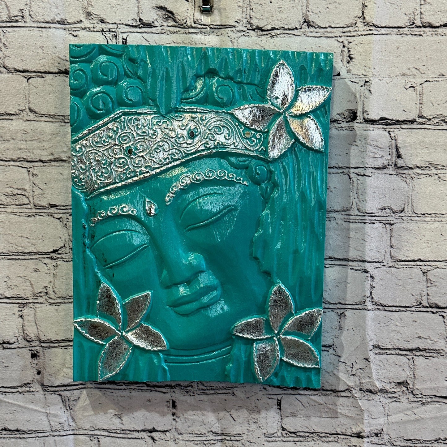 Wooden Wood Panel 40cm Brown Teal Buddha Hibiscus Wall Art Plaque Handcarved
