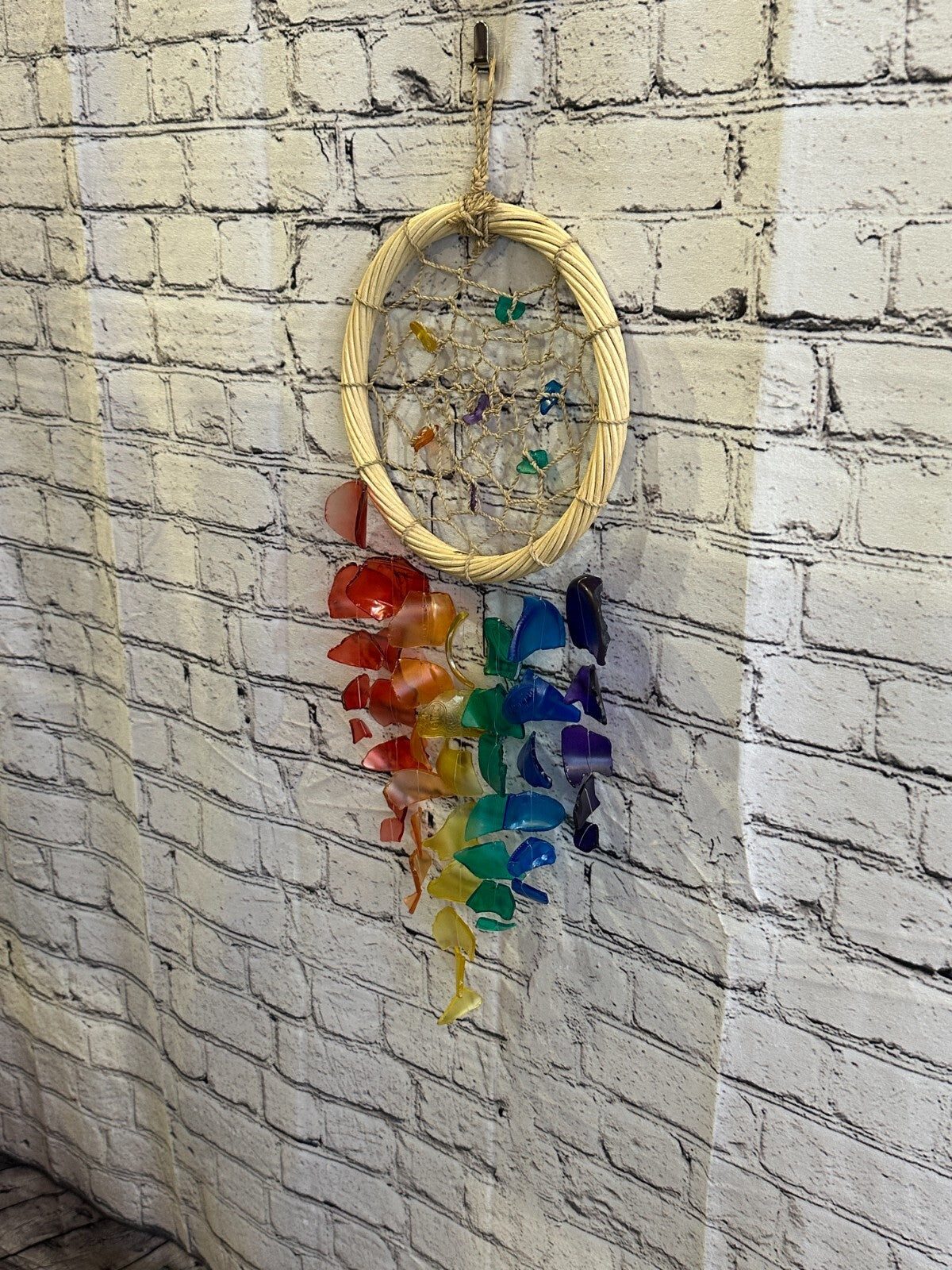 55cm Rainbow Dream Catcher Recycled Glass Driftwood Handmade Garden Home Mobile