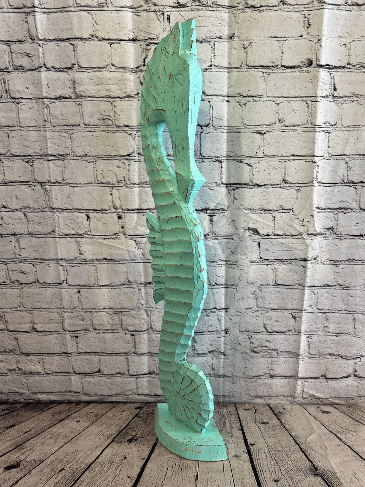 80cm Green Plain Wooden Shabby Seahorse Statue Ornament Fair Trade Handcarved