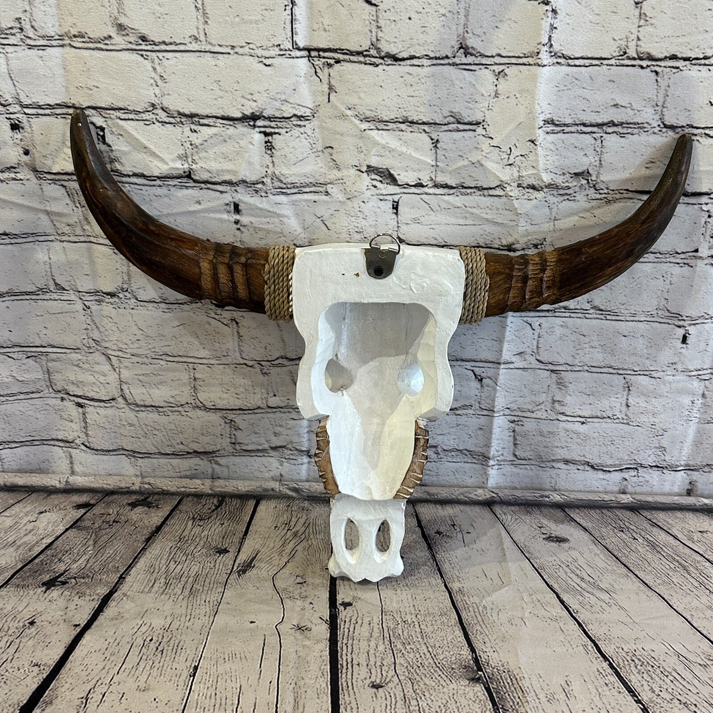 50cm x 40cm White Carved Wood Cow Bison Skull Head Wall Mounted Art Large Shabby