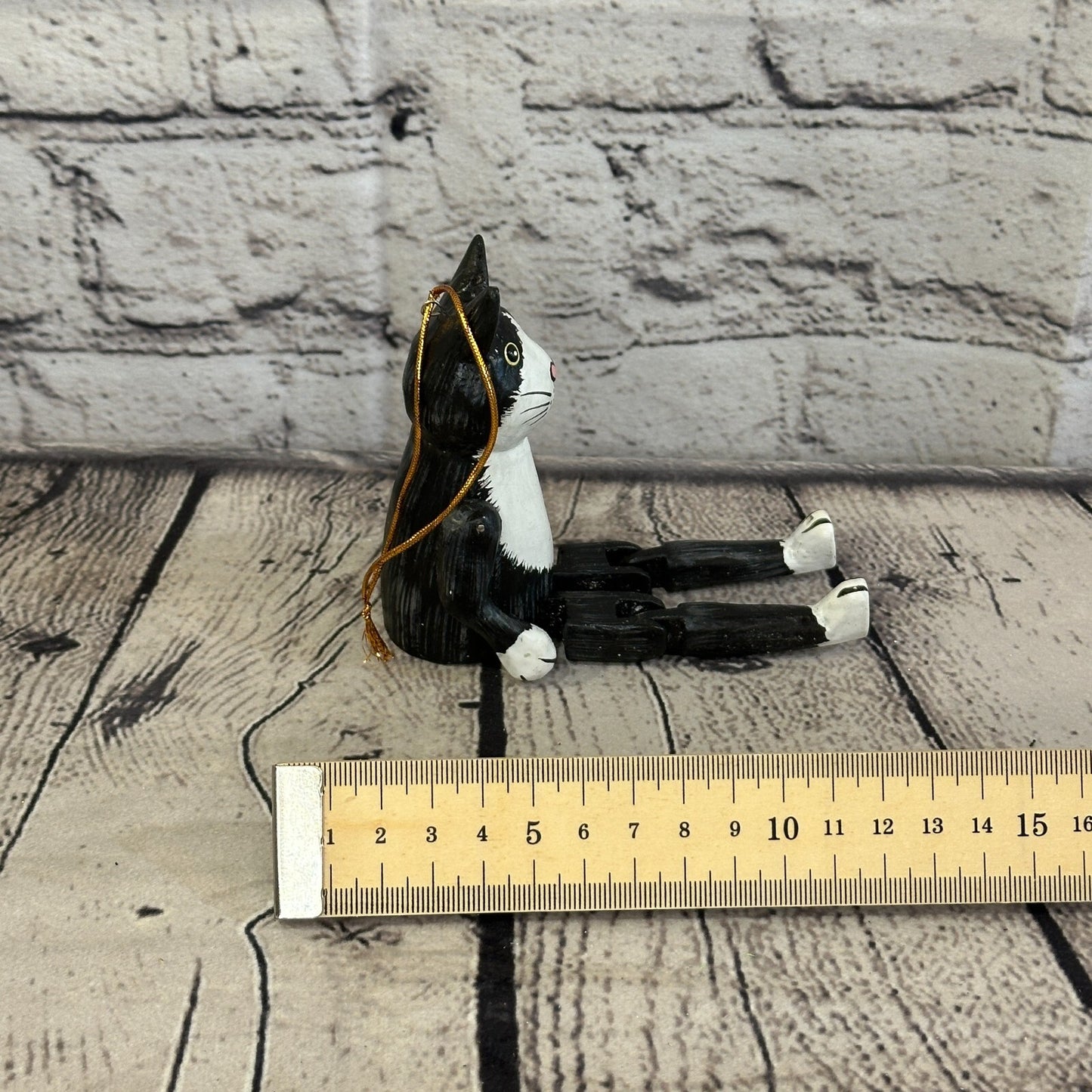 10cm Black Cat Sitting Animal, Wooden Shelf Ornament Handmade and Fairtrade