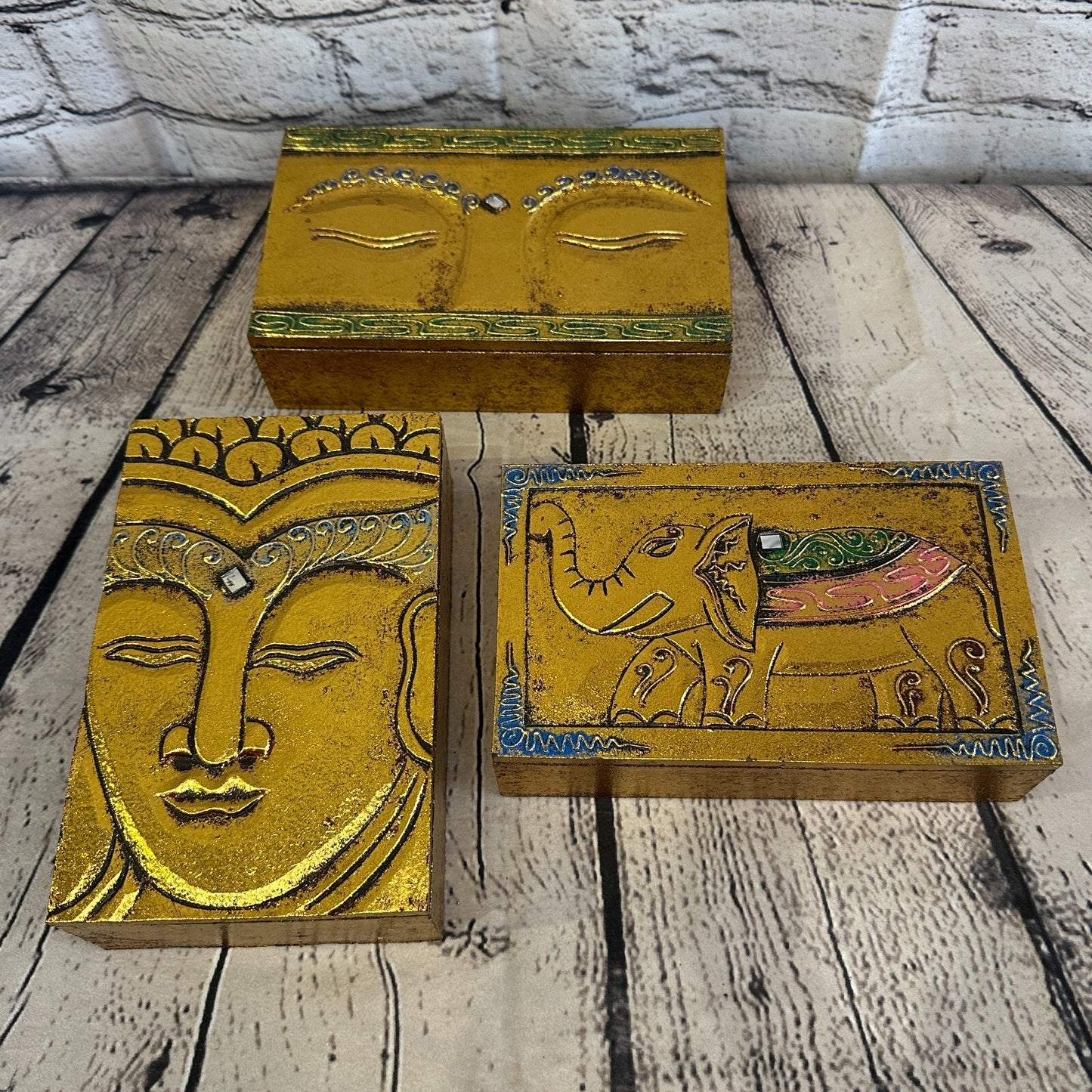 Bright Gold Thai Plain Buddha Eyes 20cm x 12cm x 5cm Wooden Box Trinket Handmade