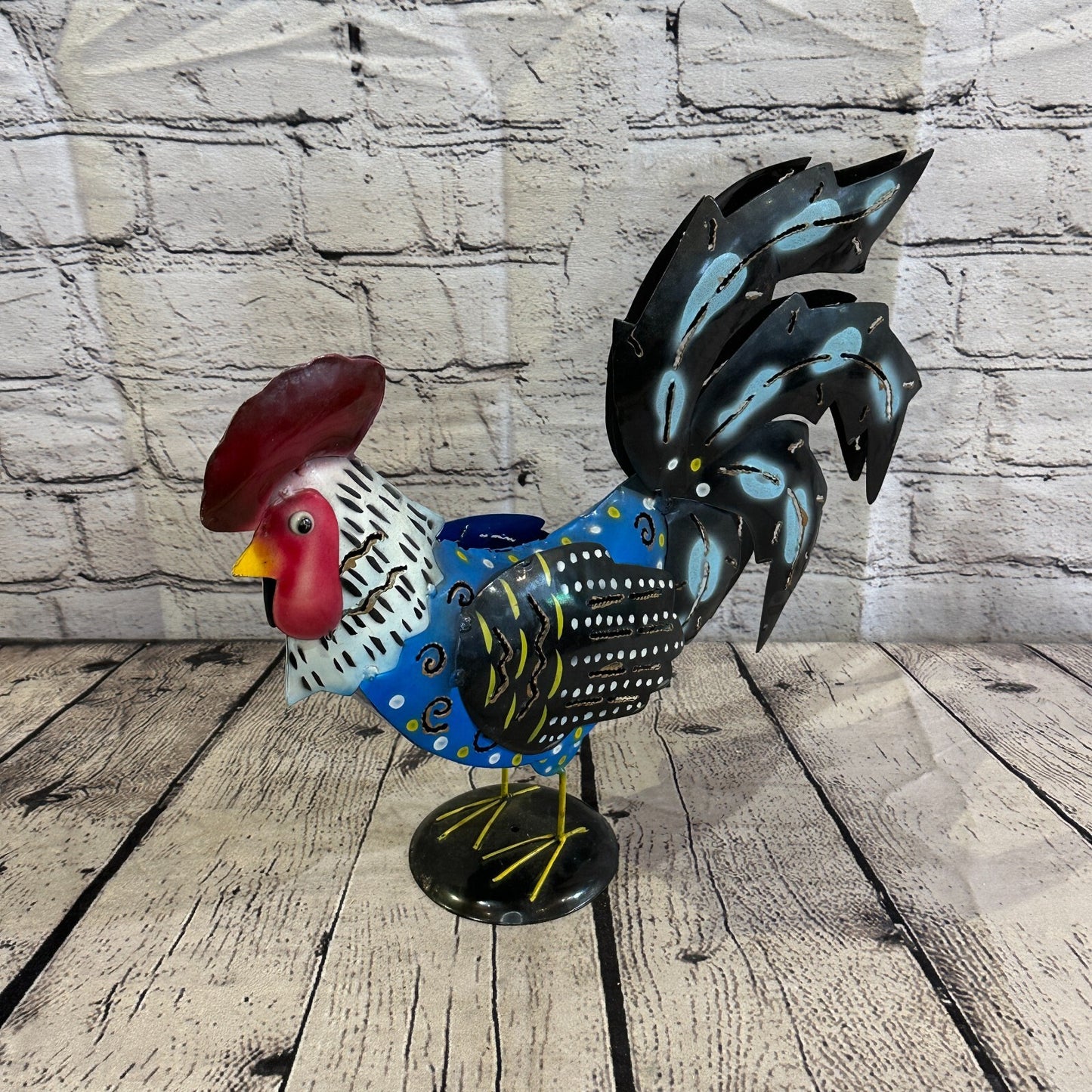 40cm x 25cm Black Blue Metal Chicken Ornament Painted Statue Candle Holder