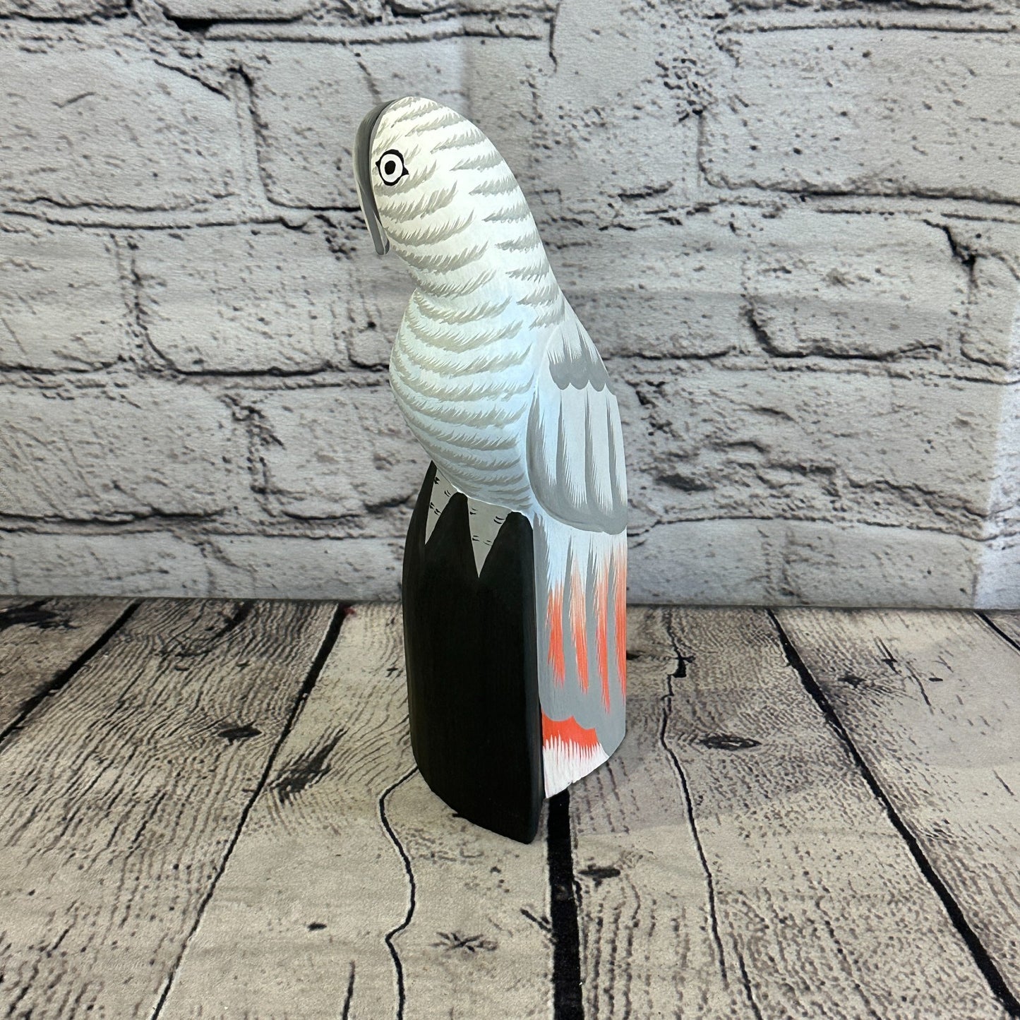 20cm Grey Parrot Bird Ornament Statue Fair Trade Hand Made Carved Wood