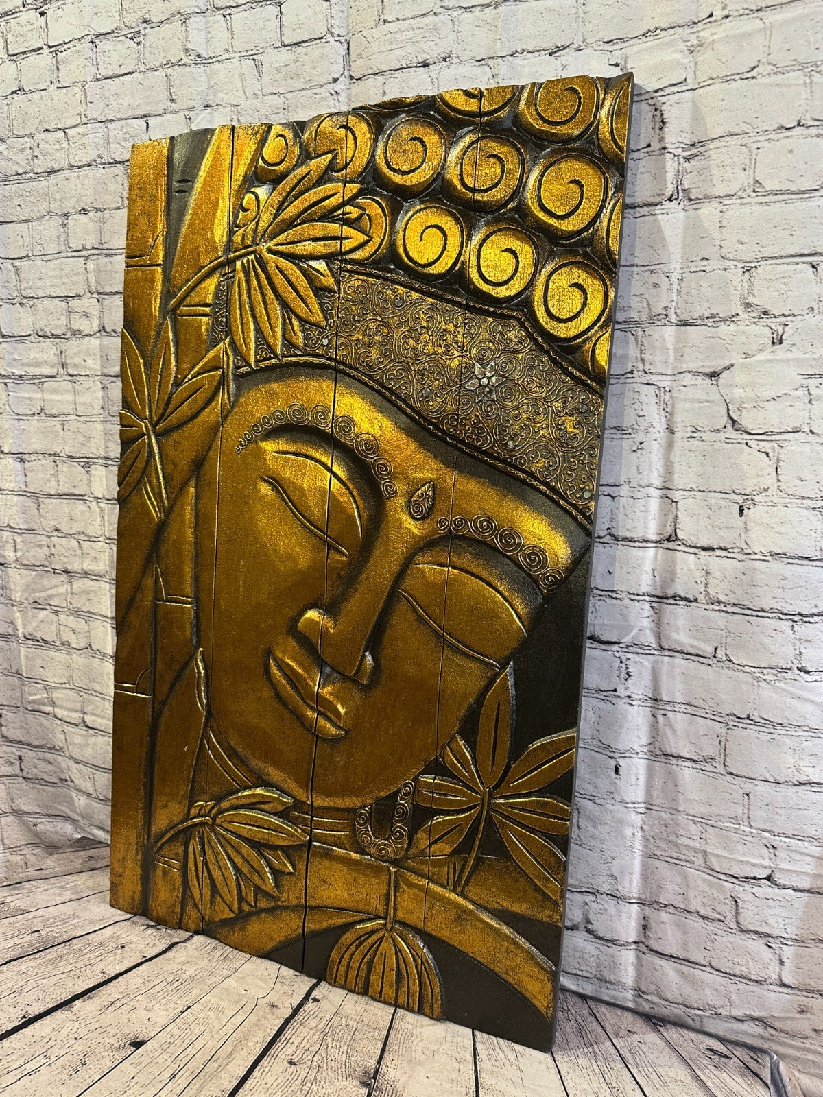 100cm x 60cm Buddha Gold Panel Wooden Wood Panel Wall Art Plaque Handcarved