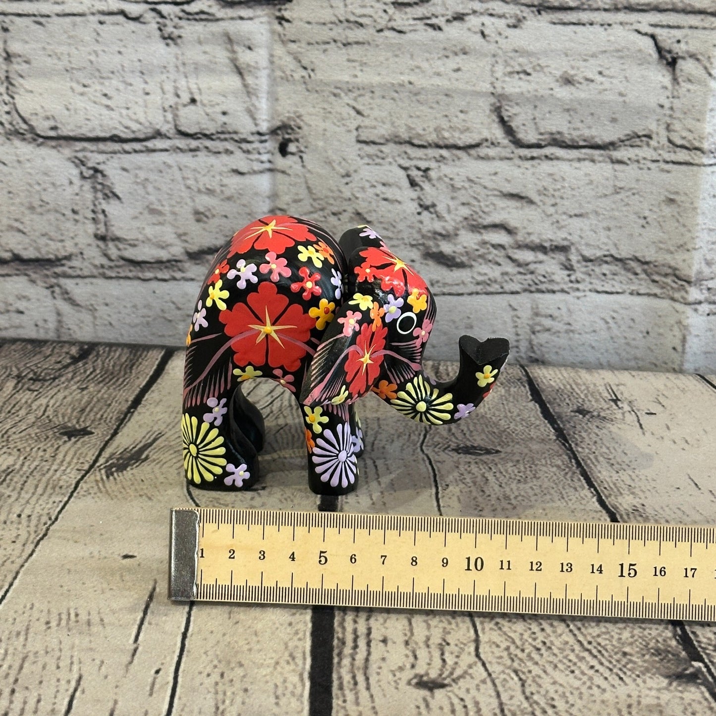 Black Wooden Elephant With Flower Pattern 10cm x 12cm Handmade and Fairtrade