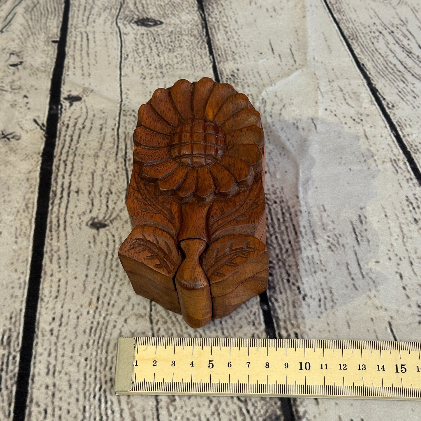Carved Sunflower Plant 4 Bit Wooden Puzzle Box Secret Box Magic Trinket Handmade