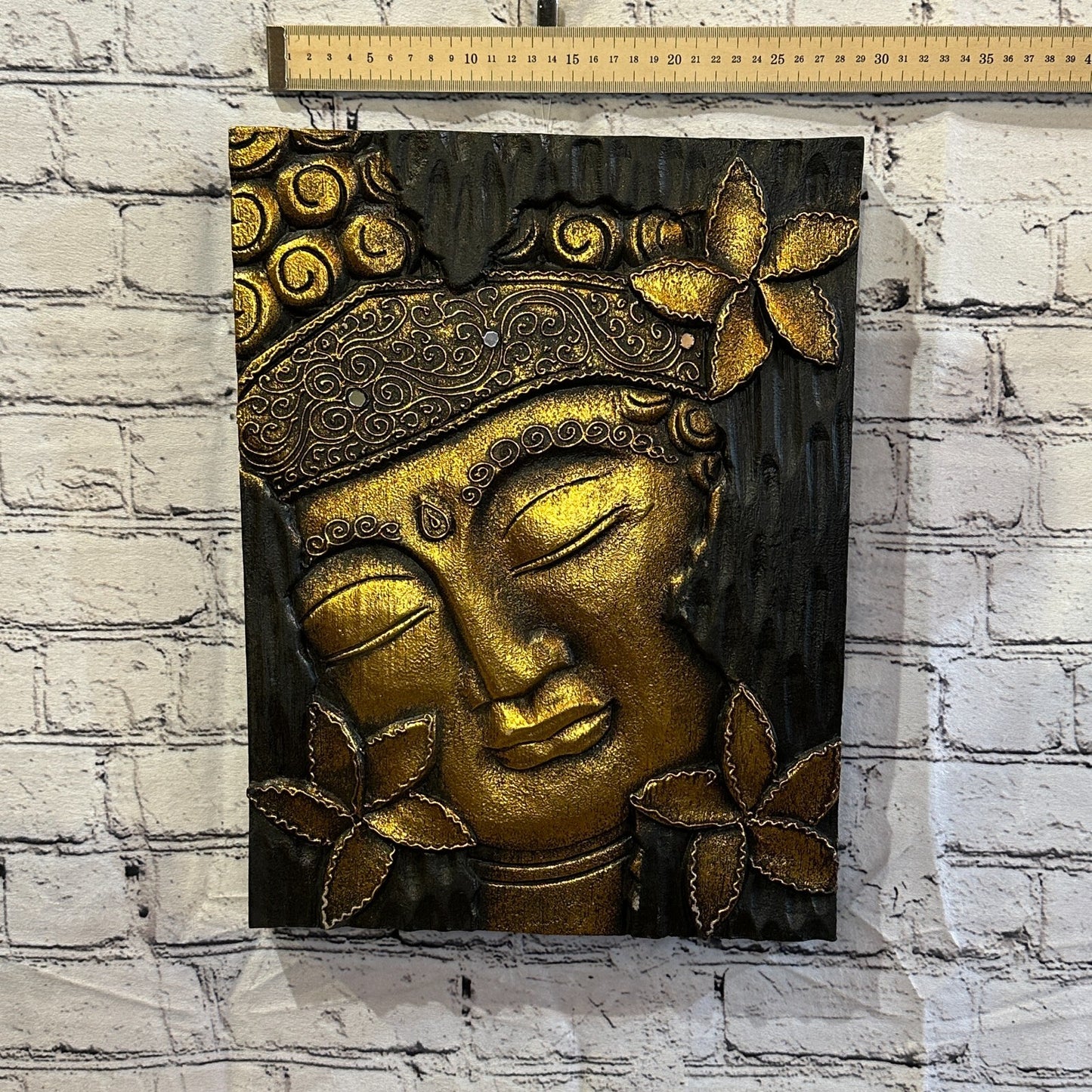 Wooden Wood Panel 40cm Brown Gold Buddha Hibiscus Wall Art Plaque Handcarved