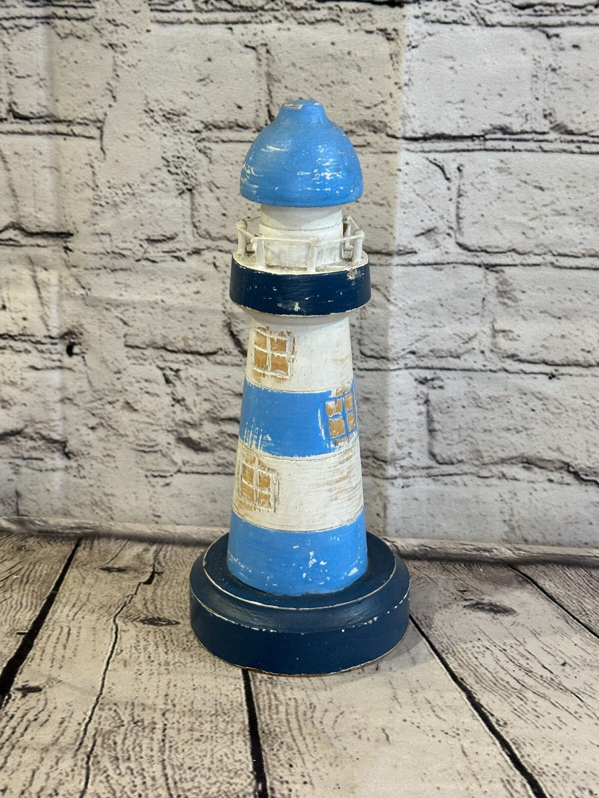 25cm Blue White Wooden Lighthouse Ornament Nautical Coastal Sculpture Statue