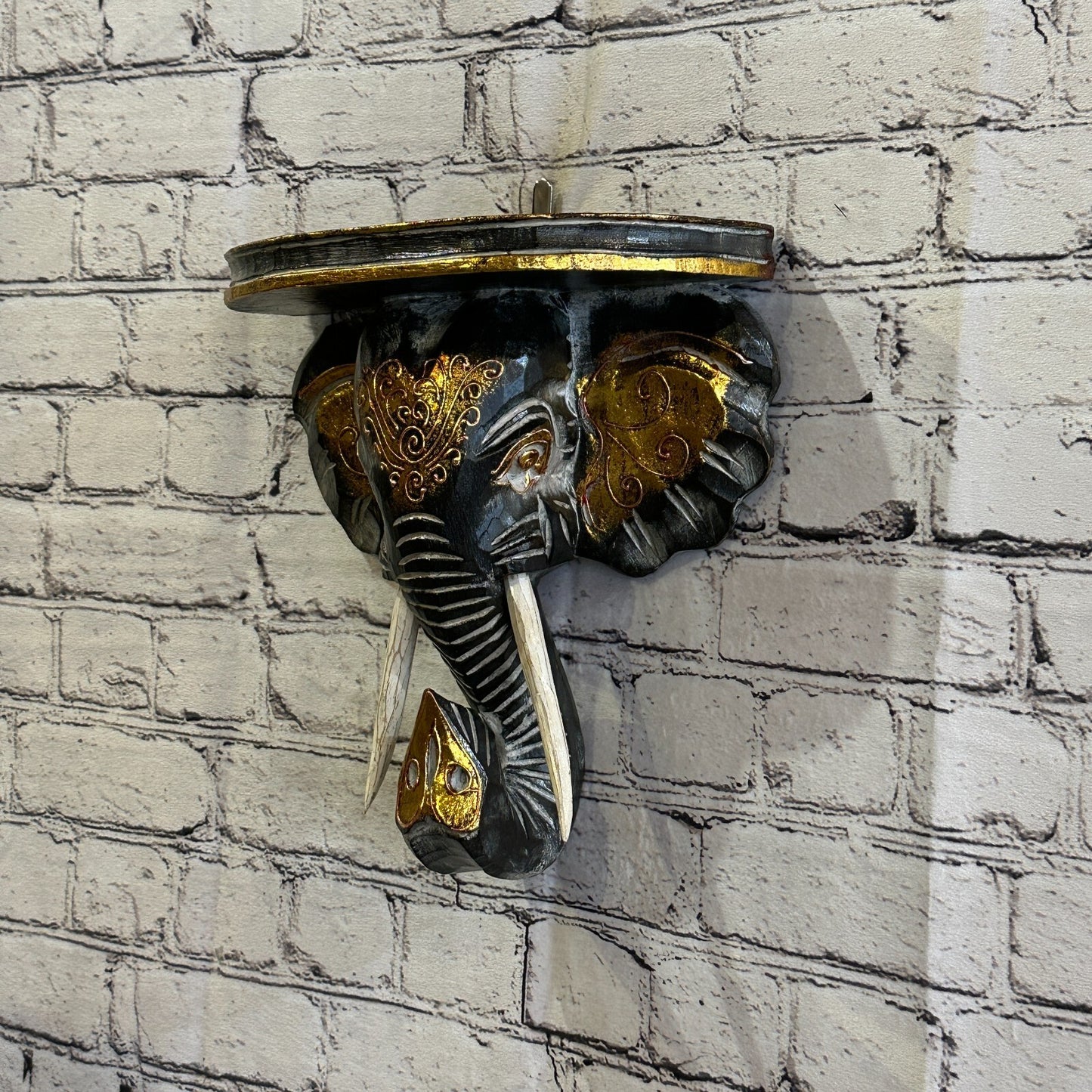 25cm x 25cm Black Gold Shelf Wood Elephant Head Wall Mounted Art Large Shabby