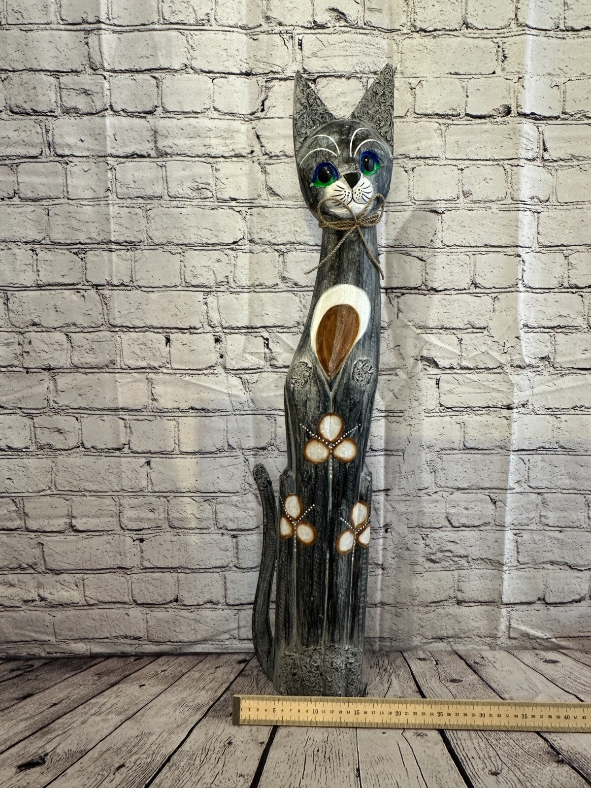 80cm Grey Swirl Flower Wooden Shabby Cat Statue Ornament Fair Trade Handcarved