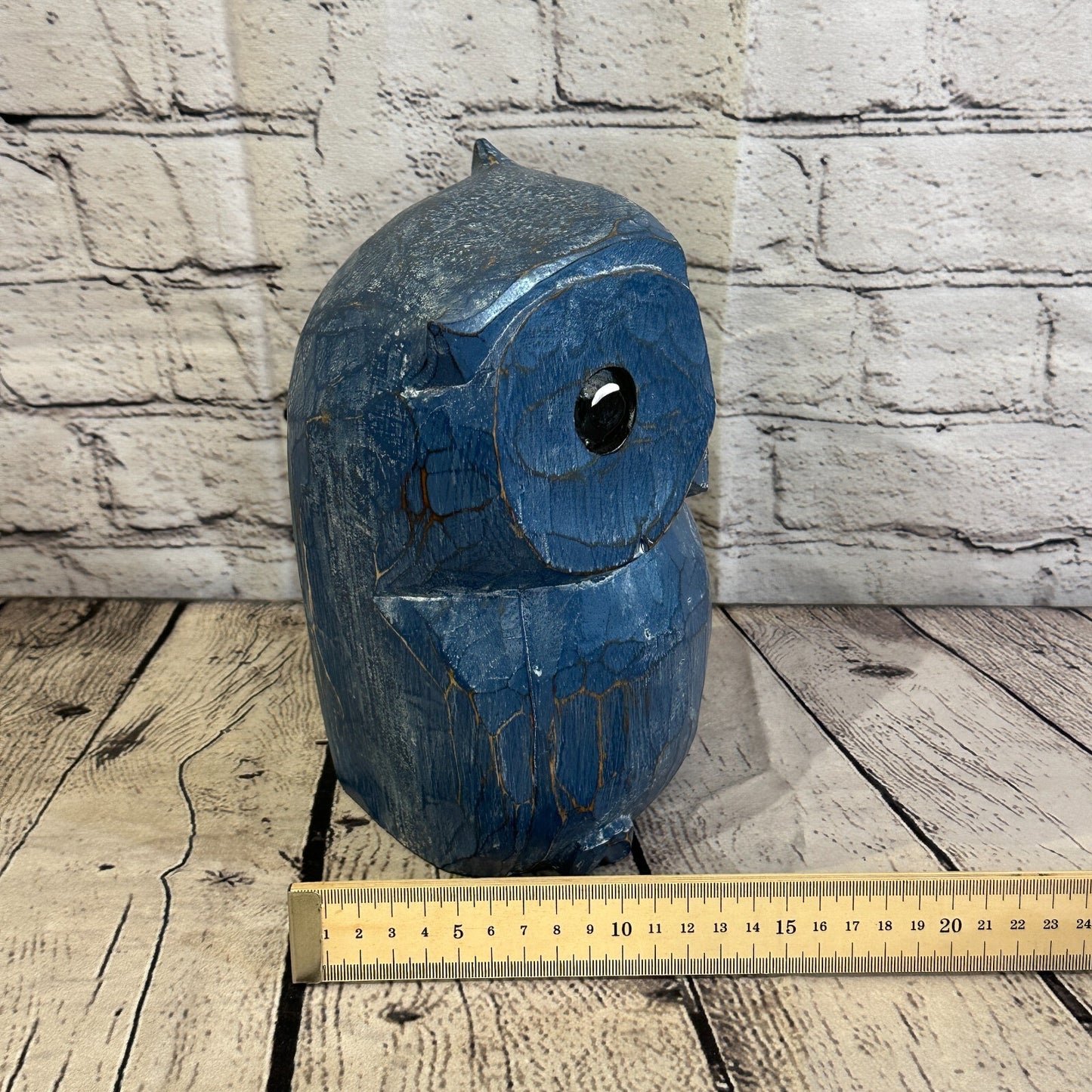 20cm x 15cm Blue Flower Wooden Shabby Owl Statue Ornament Fair Trade Handcarved