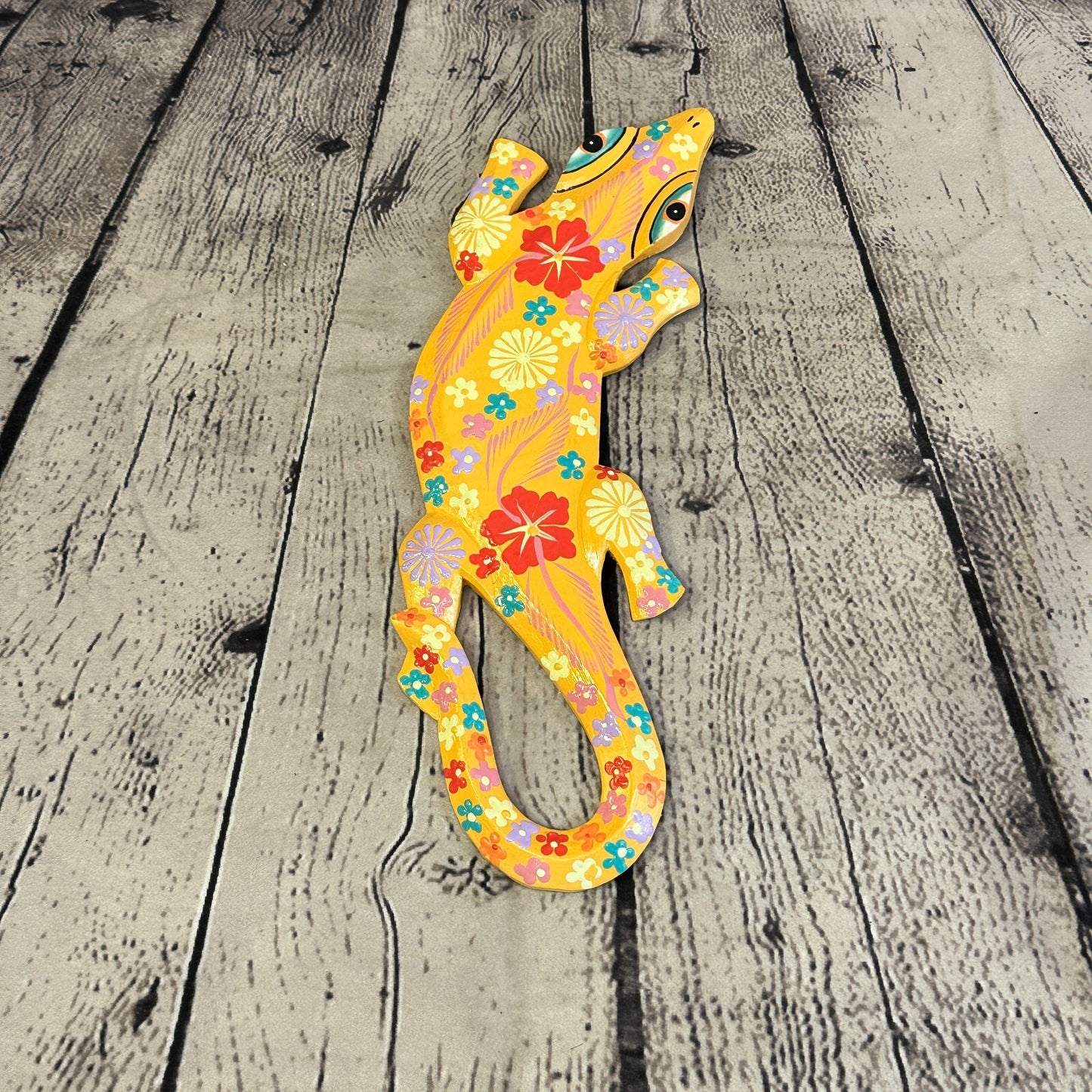 30cm Gecko Lizard Orange Flower Wood Wall Hanging Wooden Ornaments Carving