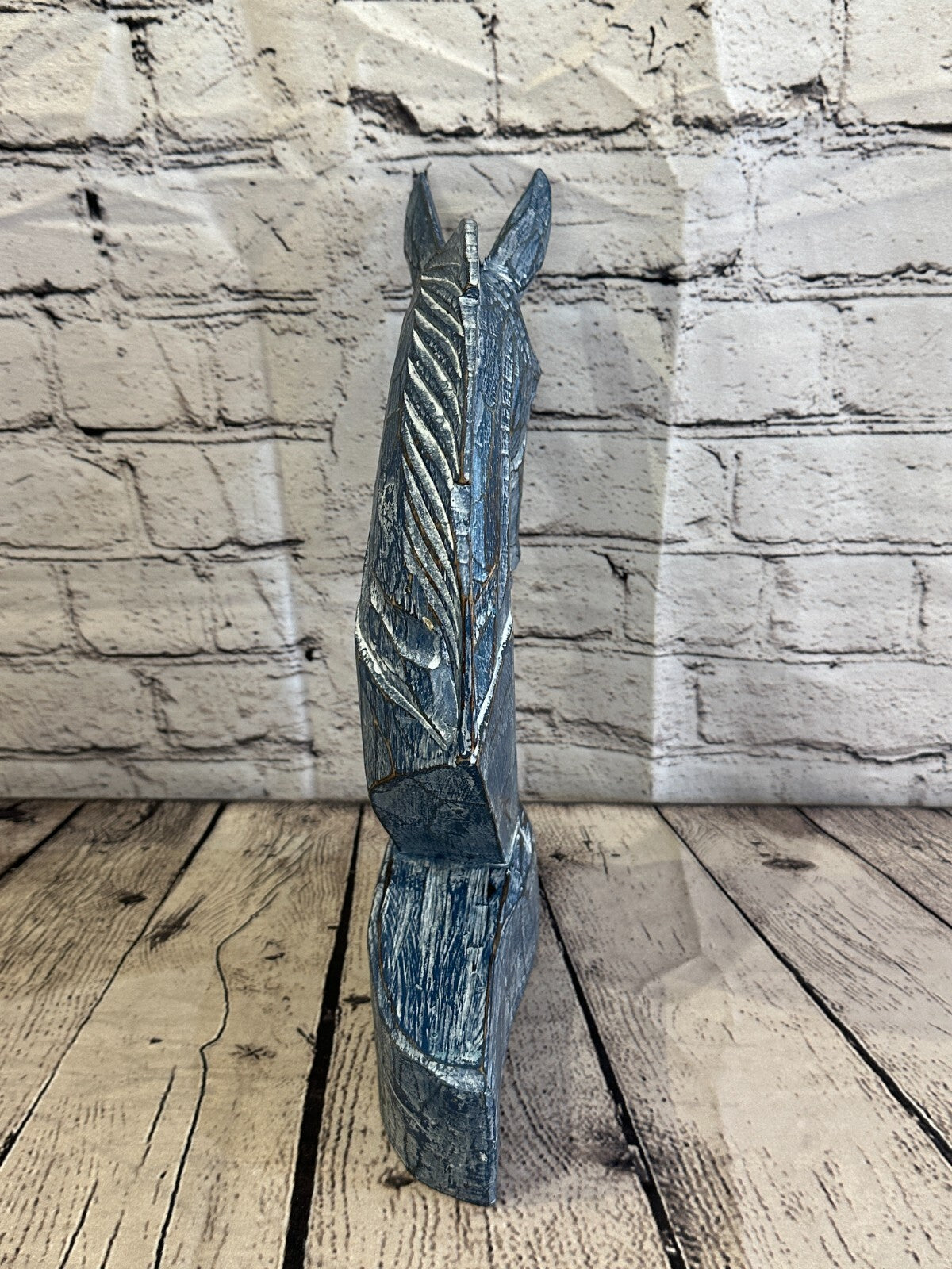 Blue Wooden 30cm x 18cm Horse Head Bust Hand Carved Wood Sculpture