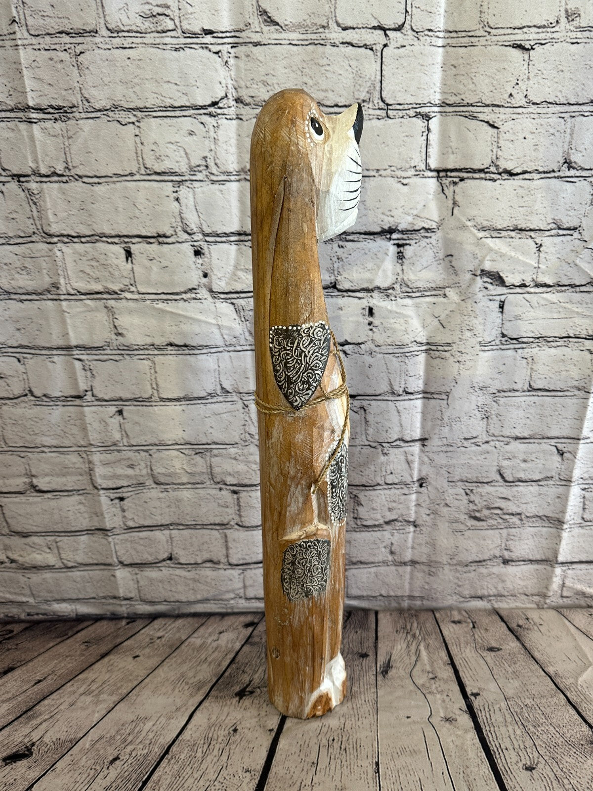 60cm Light Brown Flower Wooden Shabby Dog Statue Ornament Fair Trade Handcarved