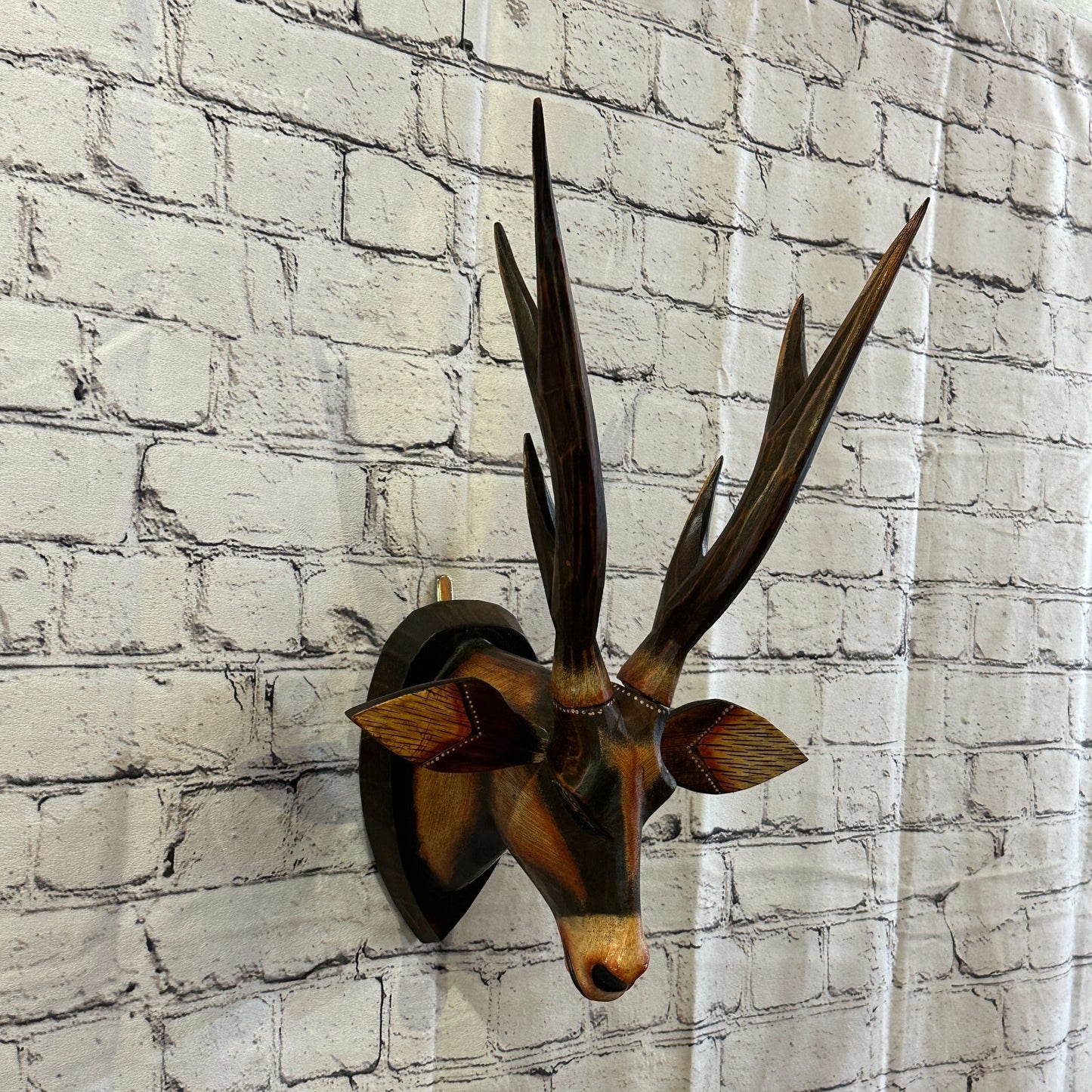 45cm x 25cm Brown Painted Wood Mounted Deer Head Wall Mounted Art Large Shabby