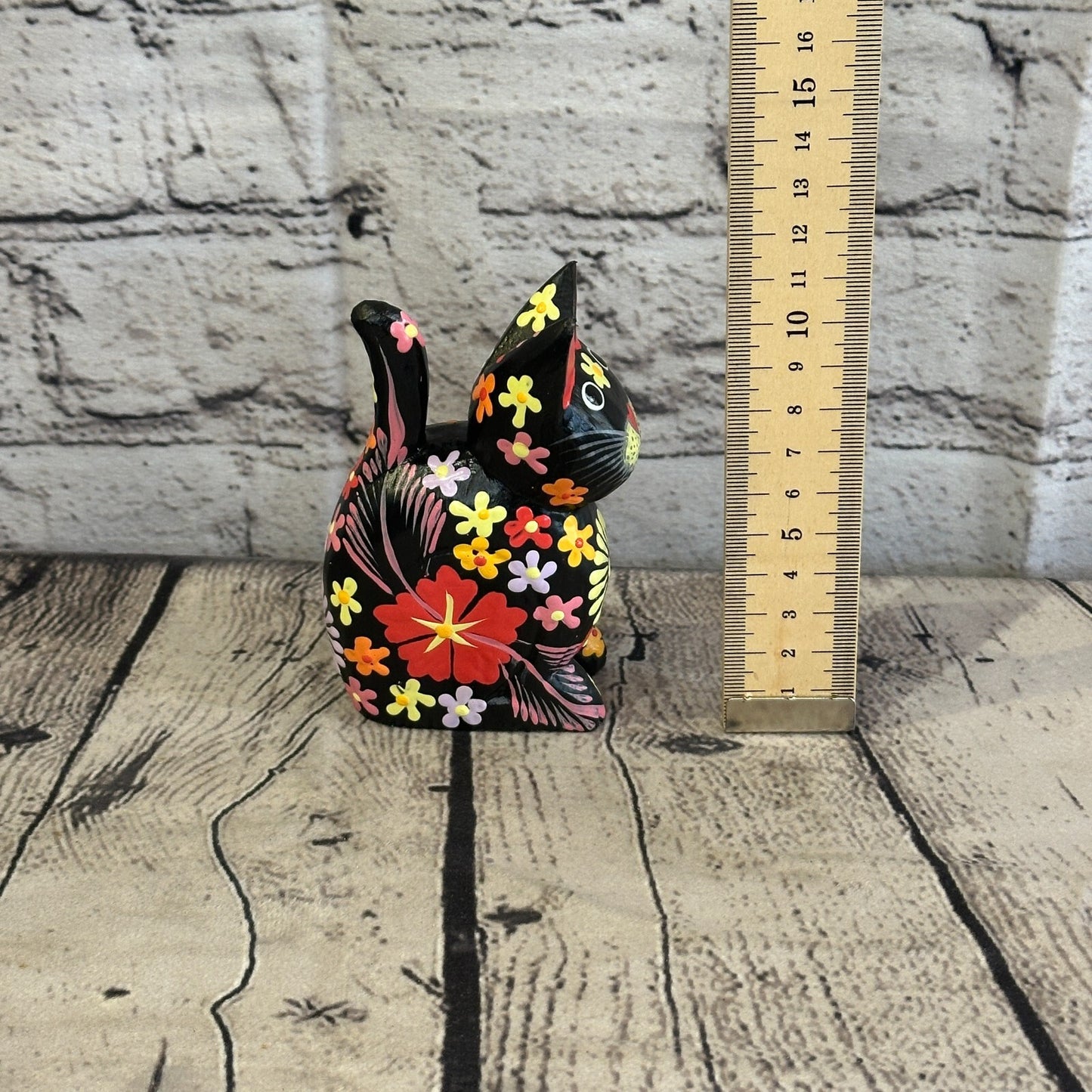 Black Small Wooden Cat With Flower Pattern 12cm x 6cm Handmade and Fairtrade