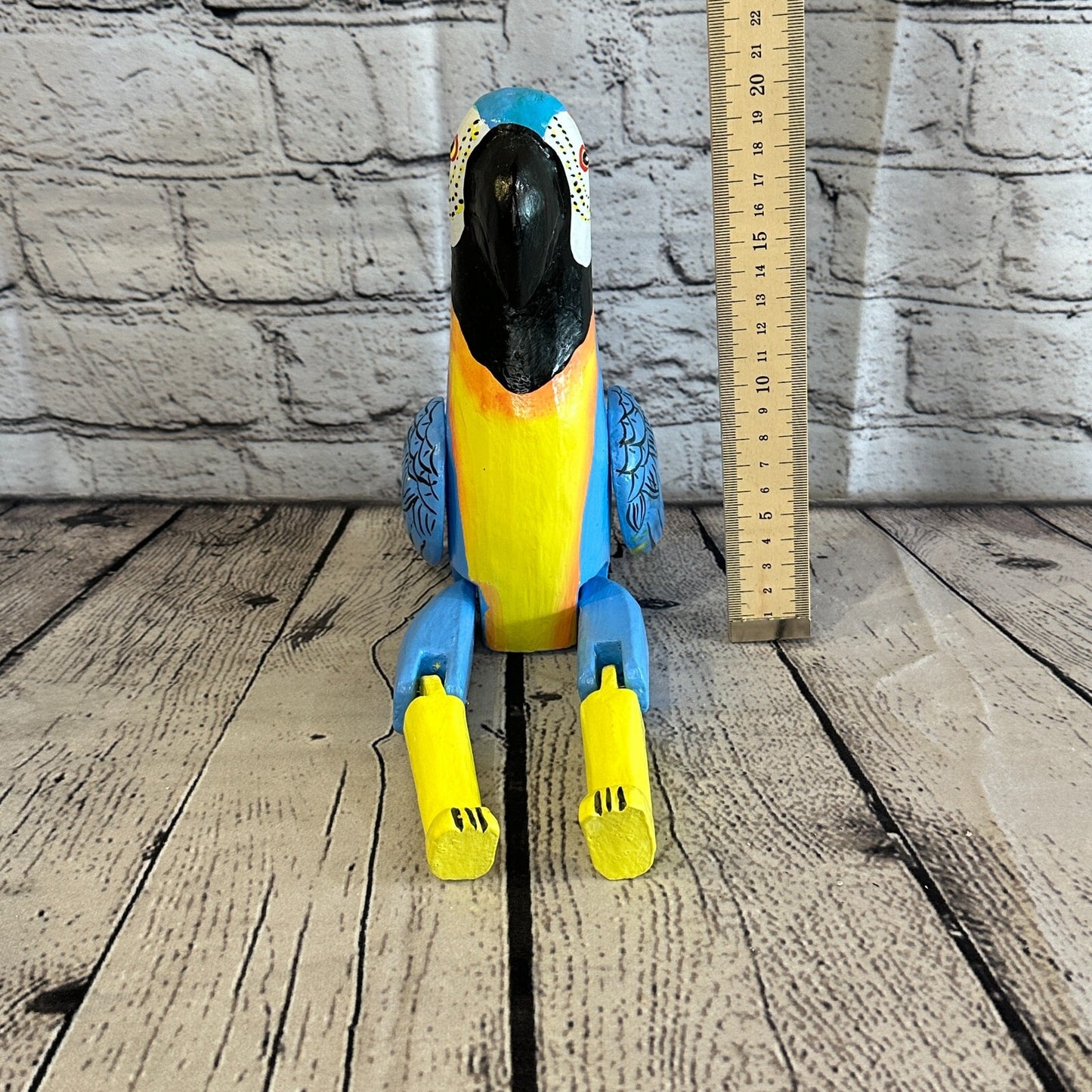 20cm Blue Parrot Sitting Animal, Wooden Shelf Ornament Handmade & Fairtrade