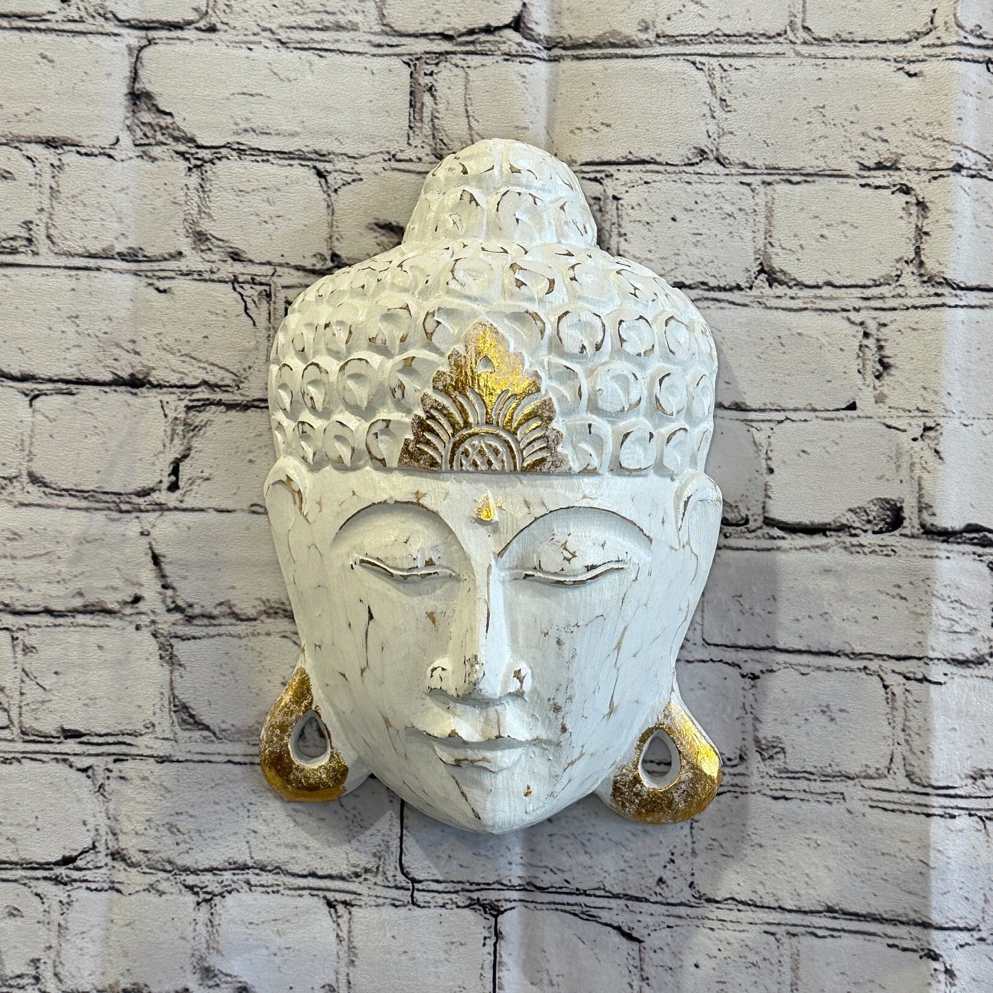 30cm x 20cm White Buddha Head Mask Wooden Hanging Statue Figurine Ornament