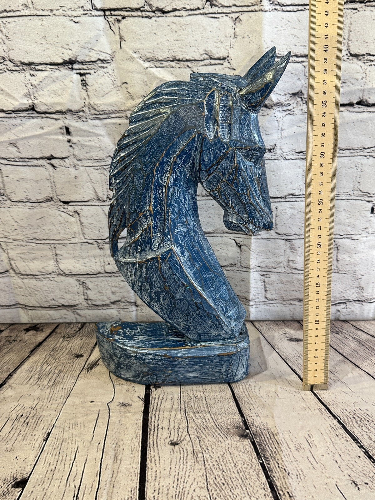 Blue Wooden 40cm x 20cm Horse Head Bust Hand Carved Wood Sculpture